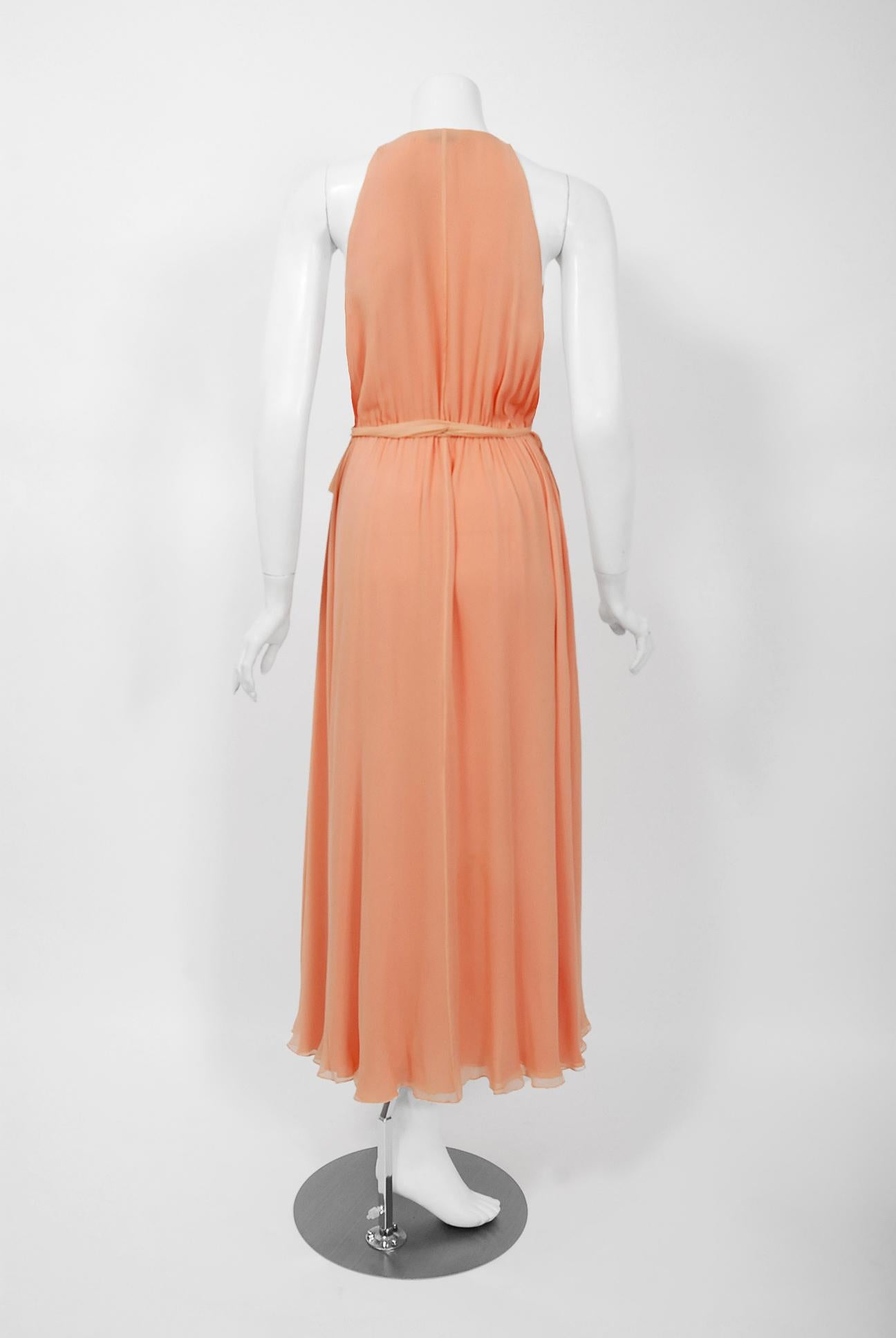 Women's Vintage 1970's Halston Couture Peach Silk-Chiffon Low Plunge Belted Wrap Dress