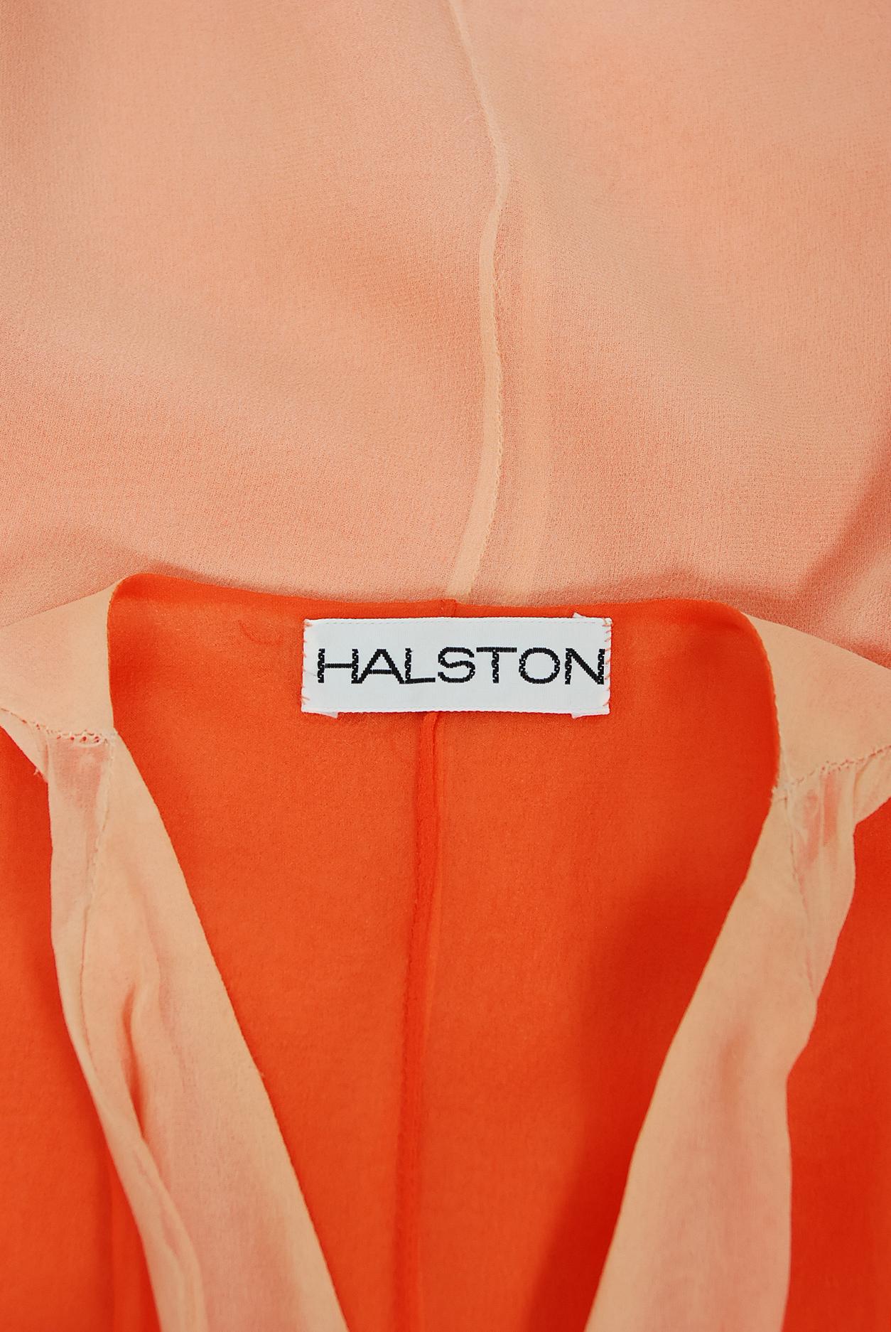 Vintage 1970's Halston Couture Peach Silk-Chiffon Low Plunge Belted Wrap Dress 1