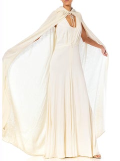 1970S HALSTON Cream Silk Jersey Plunging Neckline Gown With Angora & Cashmere K