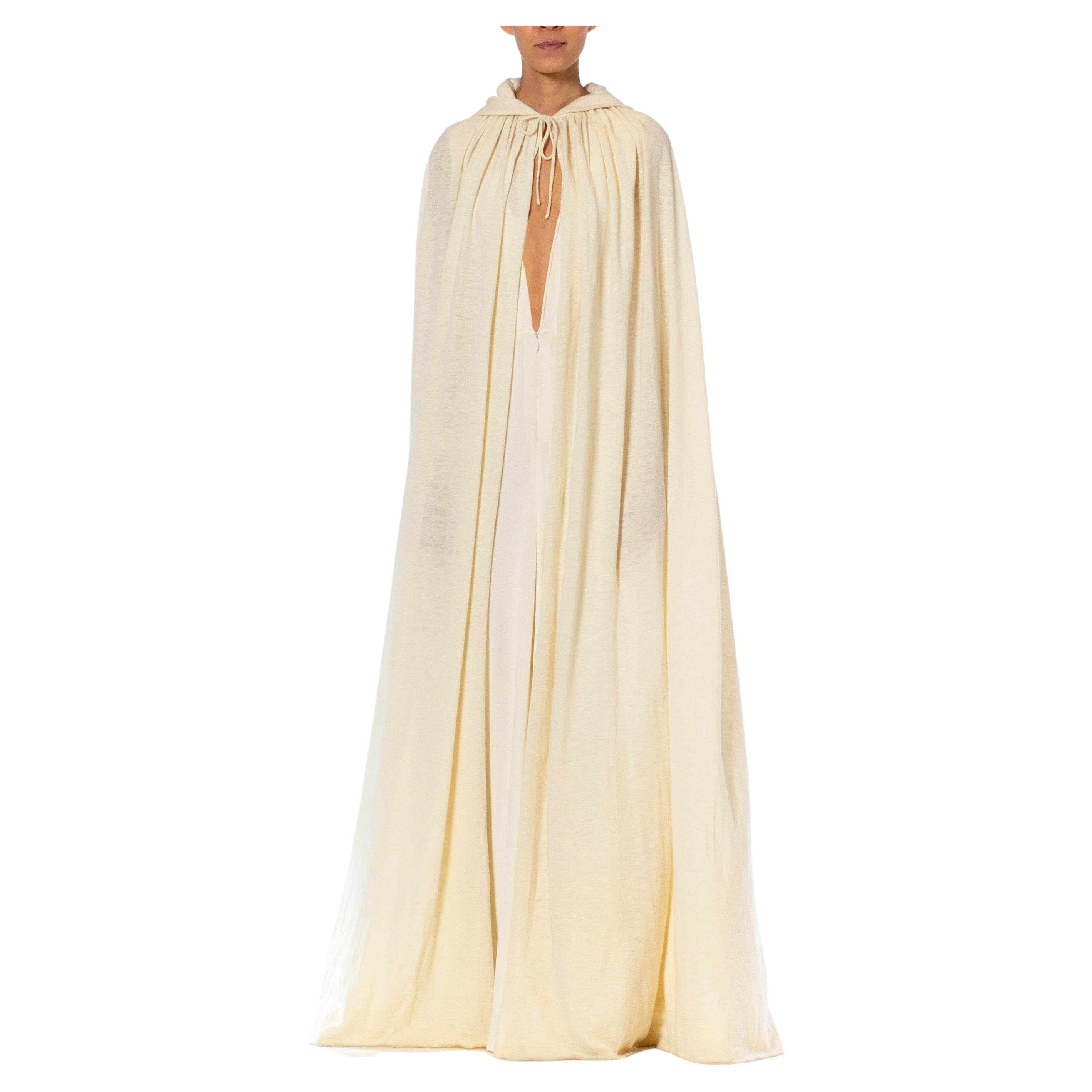 1970S Halston Cream Silk Jersey Plunging Neckline Gown With Angora & Cashmere K For Sale