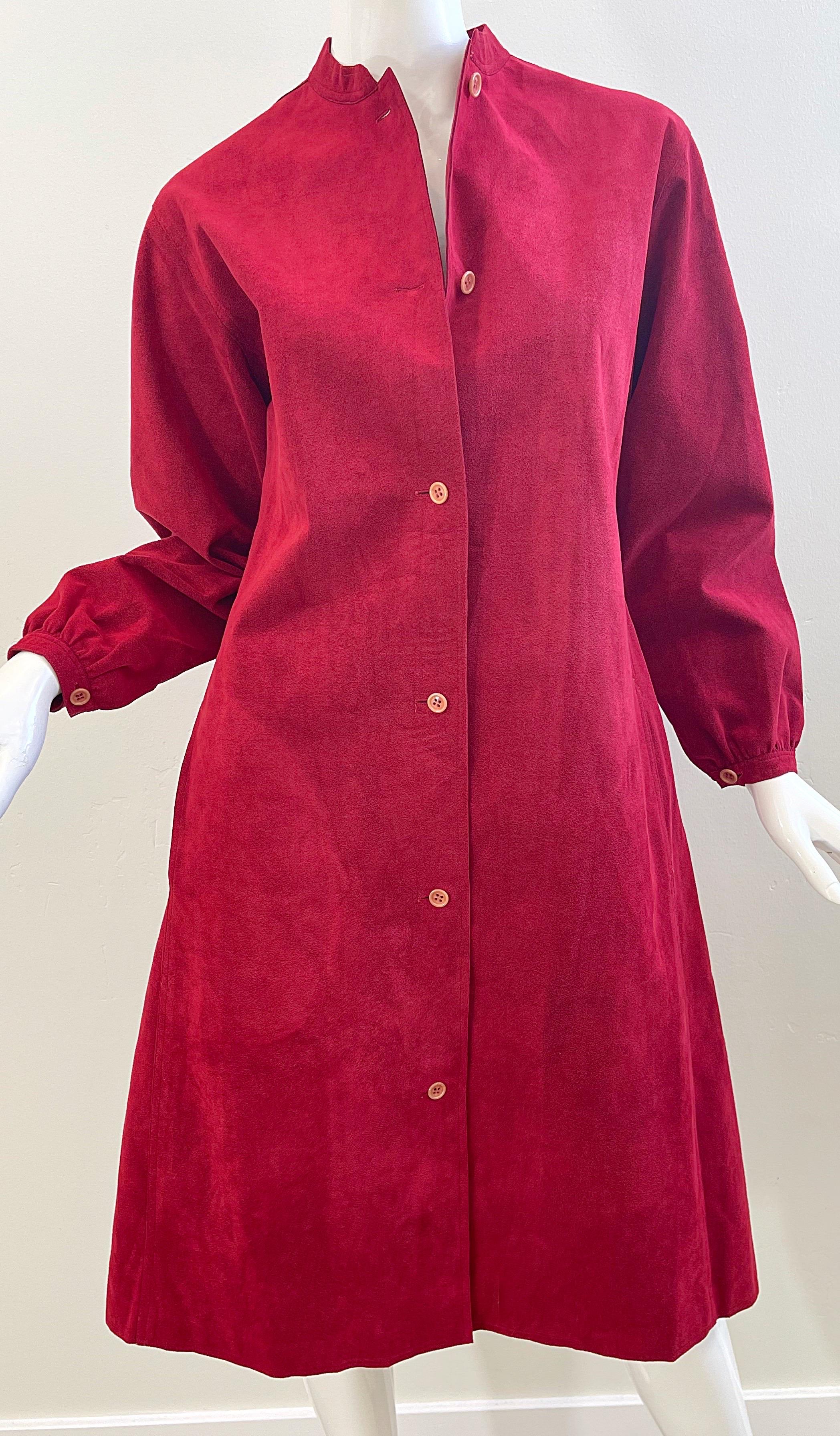 1970s Halston Crimson Red Ultra Suede Long Sleeve Vintage 70s Shirt Dress For Sale 4