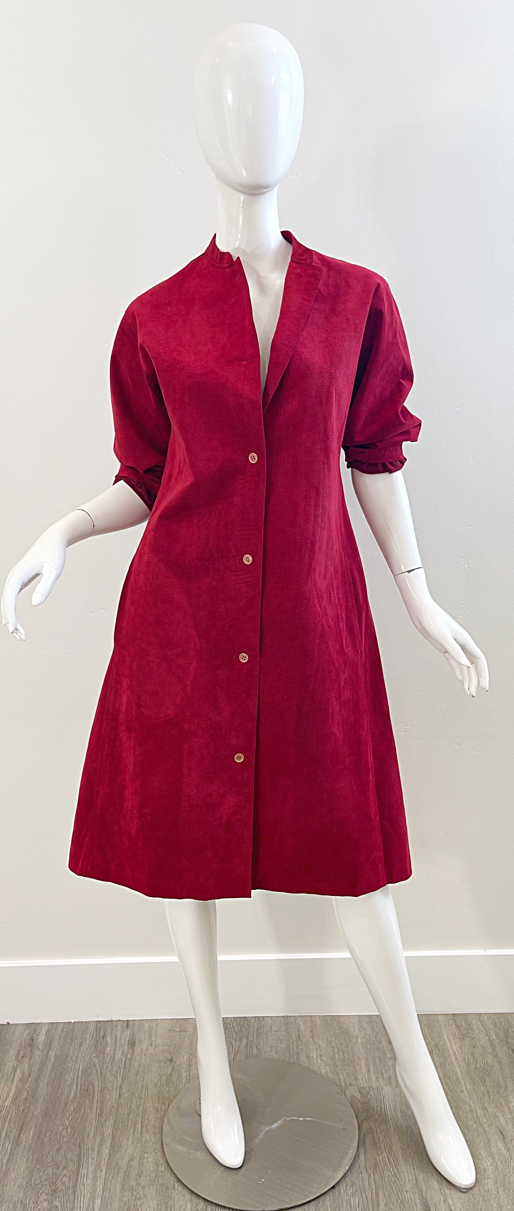 1970s Halston Crimson Red Ultra Suede Long Sleeve Vintage 70s Shirt Dress For Sale 5
