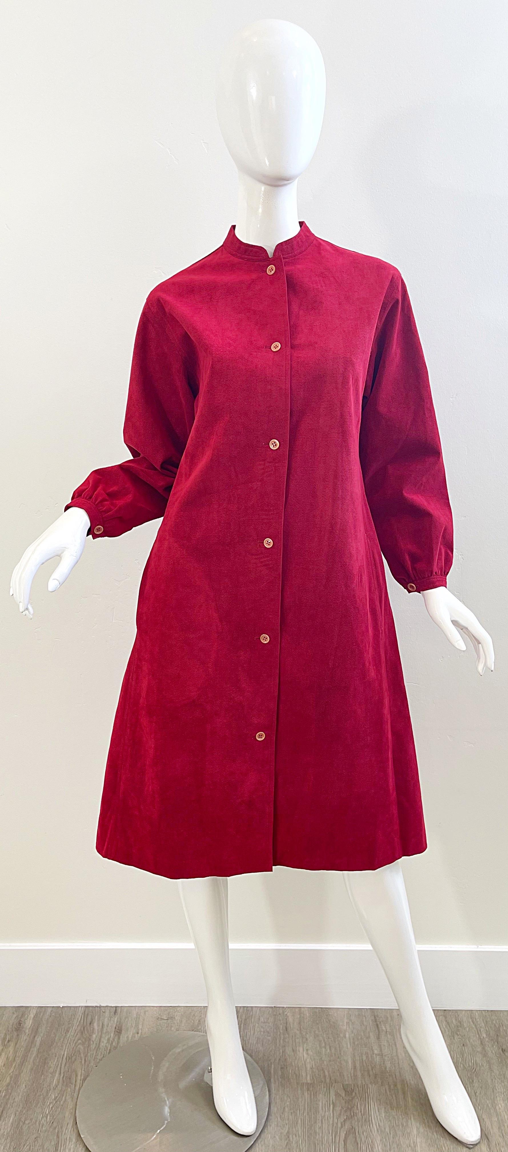 1970s Halston Crimson Red Ultra Suede Long Sleeve Vintage 70s Shirt Dress For Sale 11