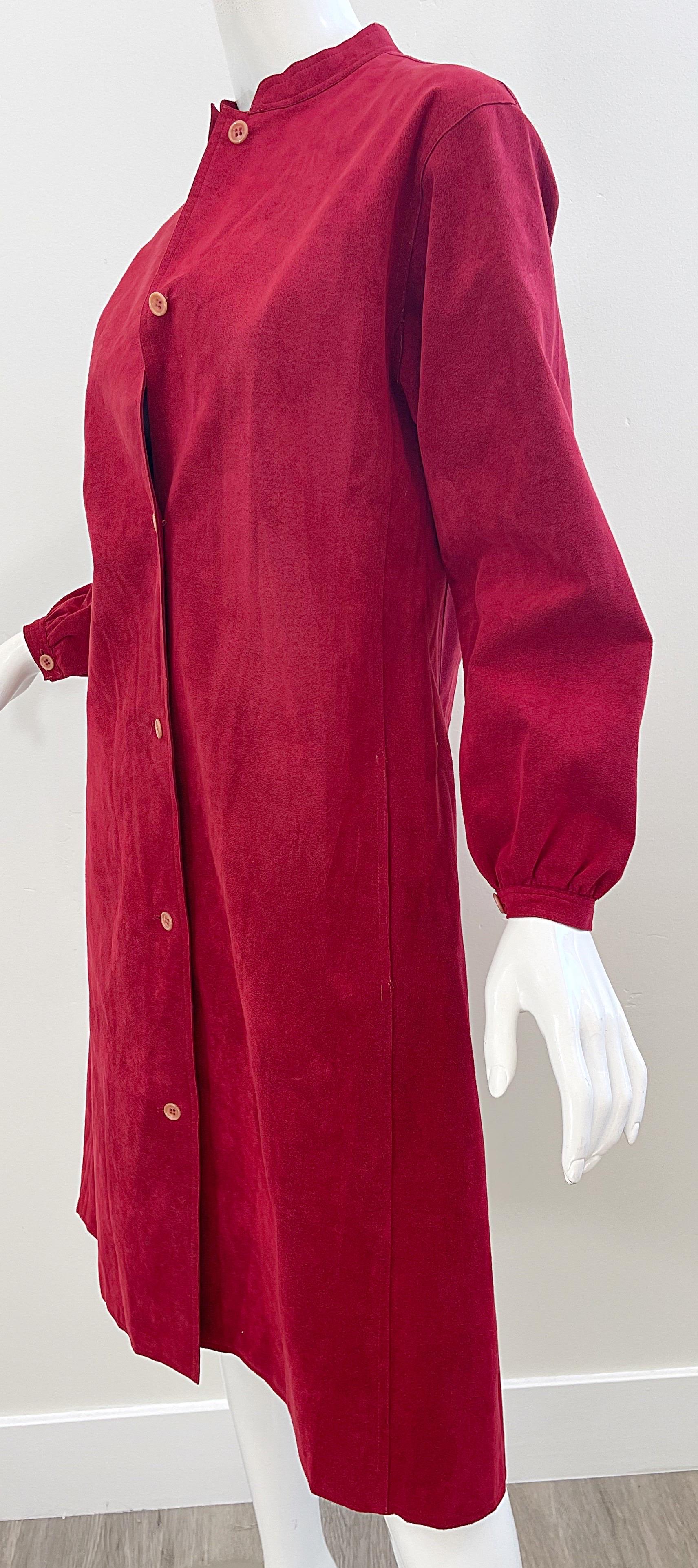 Women's 1970s Halston Crimson Red Ultra Suede Long Sleeve Vintage 70s Shirt Dress For Sale