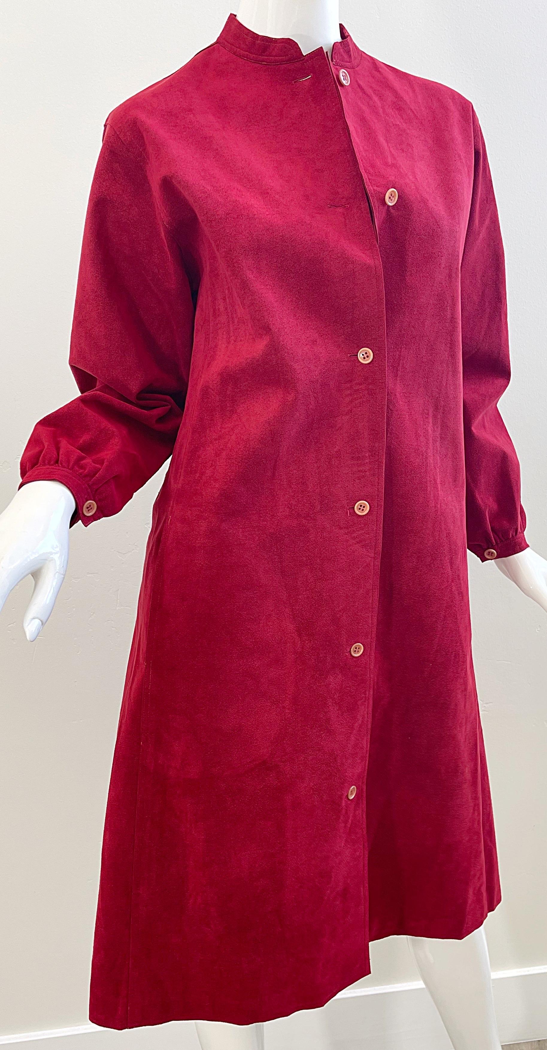 1970s Halston Crimson Red Ultra Suede Long Sleeve Vintage 70s Shirt Dress For Sale 1