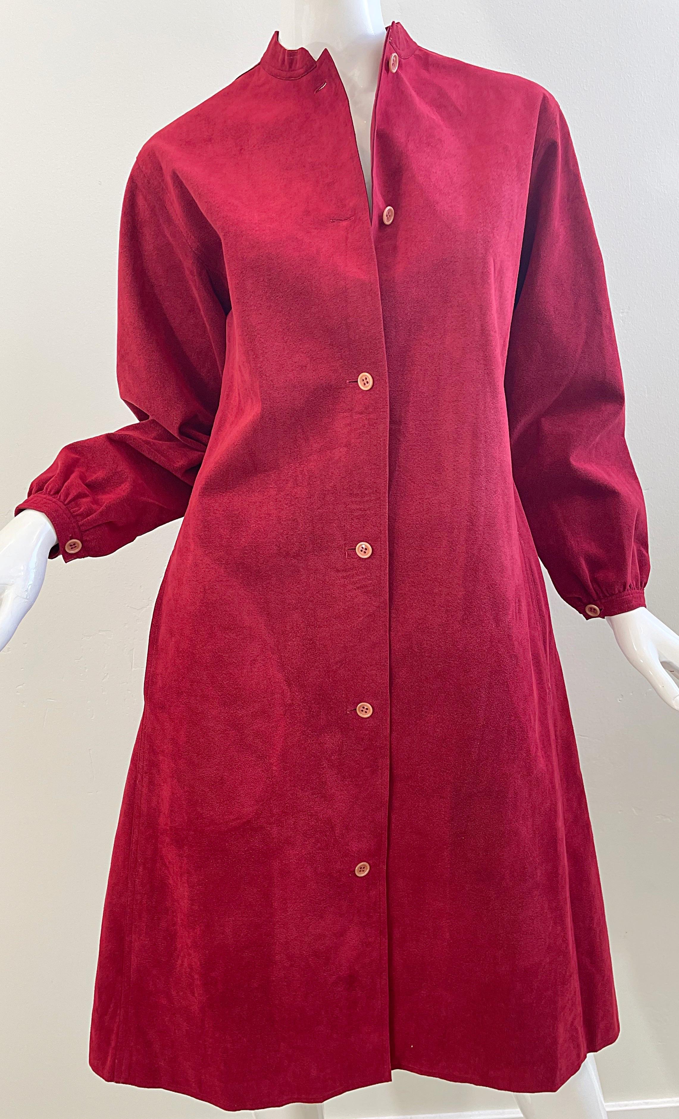 1970s Halston Crimson Red Ultra Suede Long Sleeve Vintage 70s Shirt Dress For Sale 2