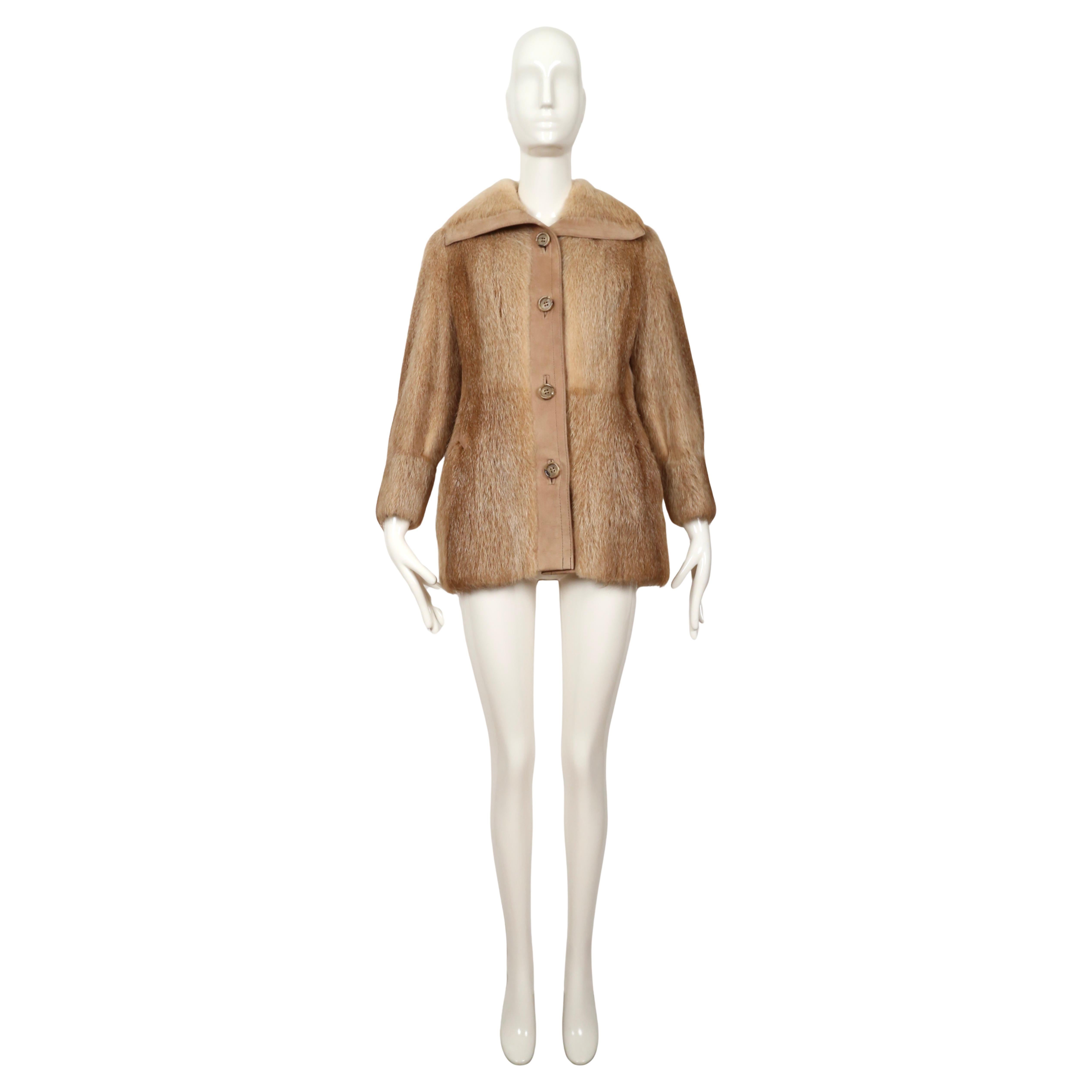 Brown 1970's HALSTON for I. Magnin fur coat with suede trim For Sale