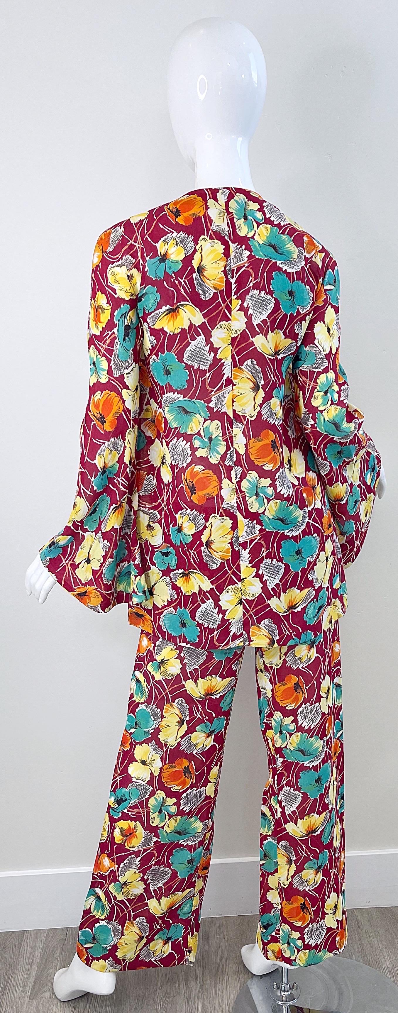 1970s Halston For Study Design Flower Silk Crepe Vintage 70s Tunic + Trousers For Sale 6