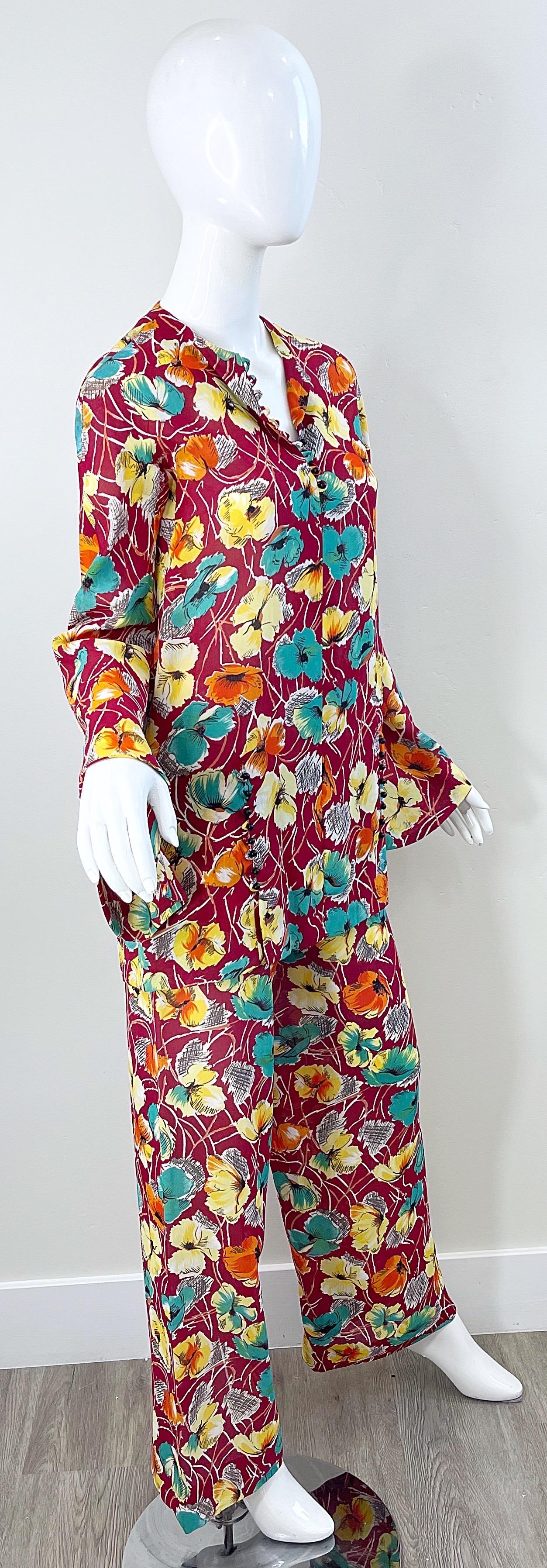 1970s Halston For Study Design Flower Silk Crepe Vintage 70s Tunic + Trousers For Sale 11