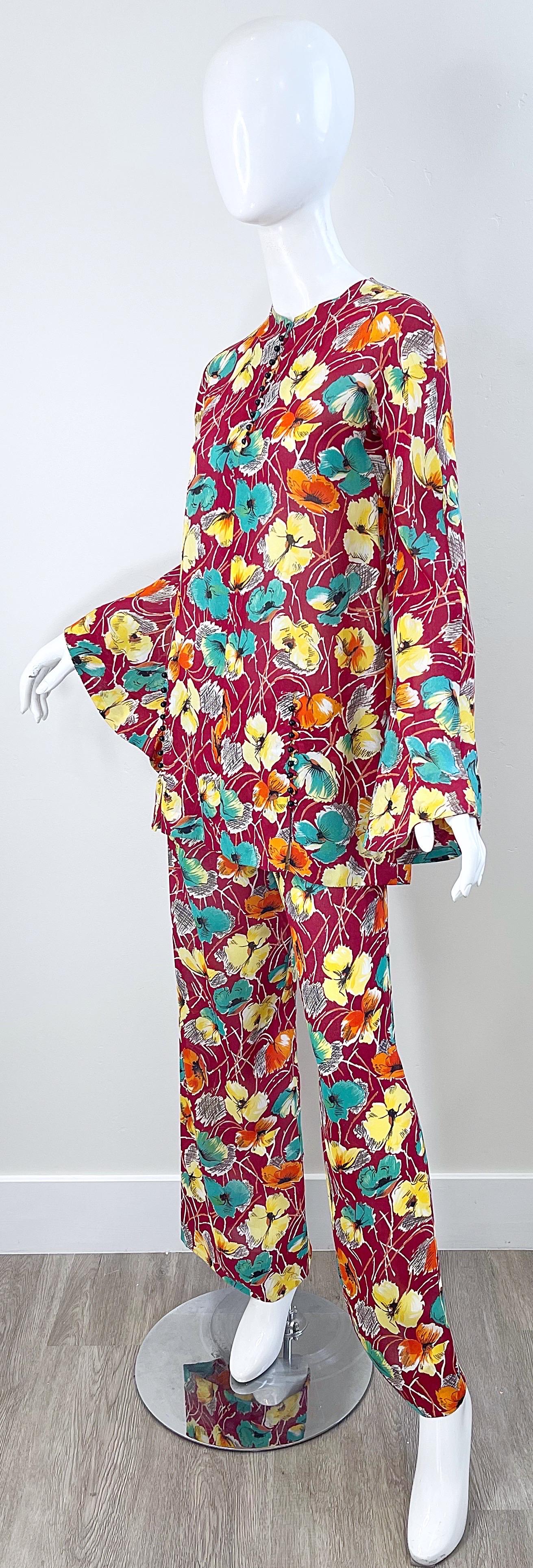 1970s Halston For Study Design Flower Silk Crepe Vintage 70s Tunic + Trousers For Sale 14