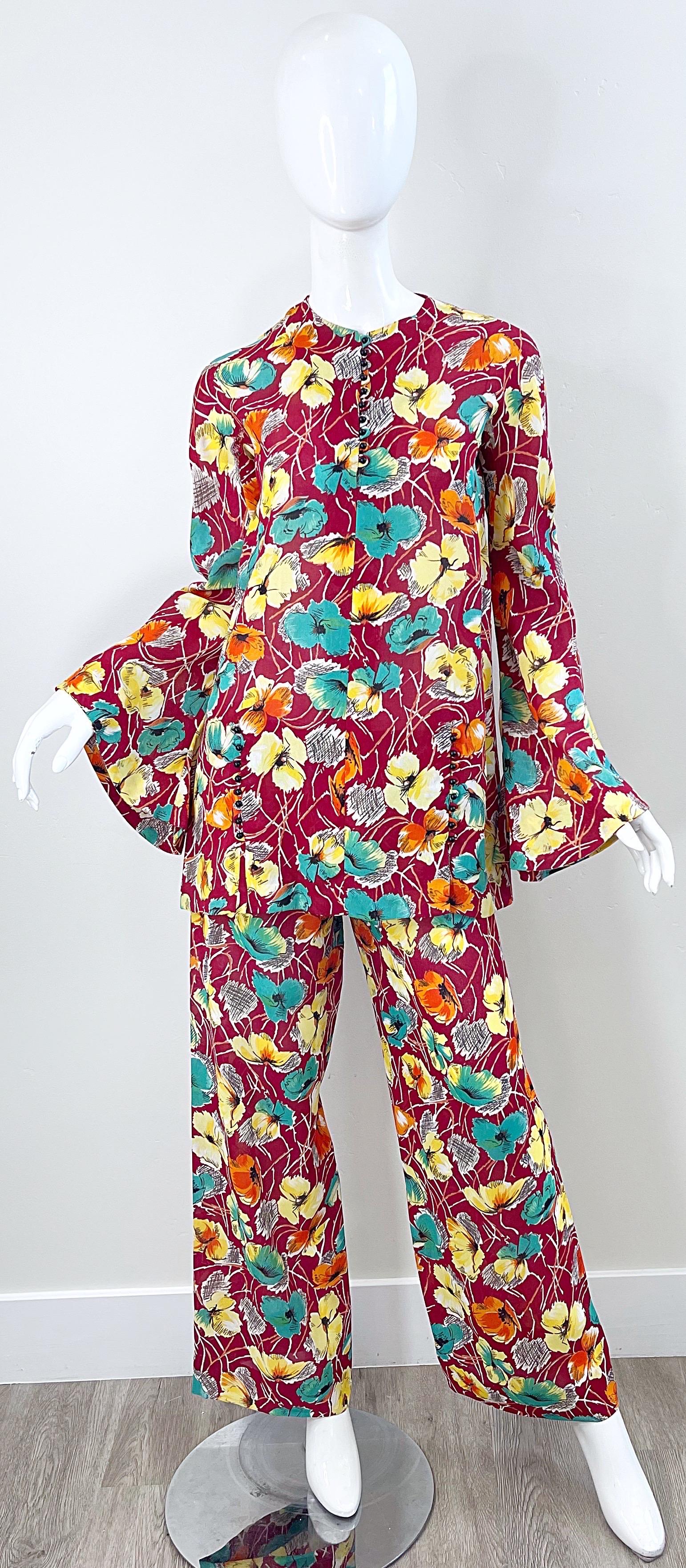 1970s Halston For Study Design Flower Silk Crepe Vintage 70s Tunic + Trousers For Sale 16