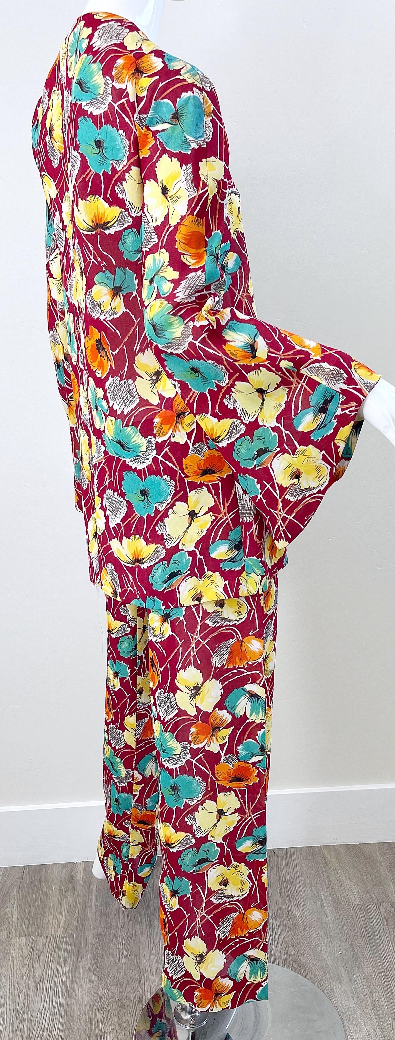Women's 1970s Halston For Study Design Flower Silk Crepe Vintage 70s Tunic + Trousers For Sale