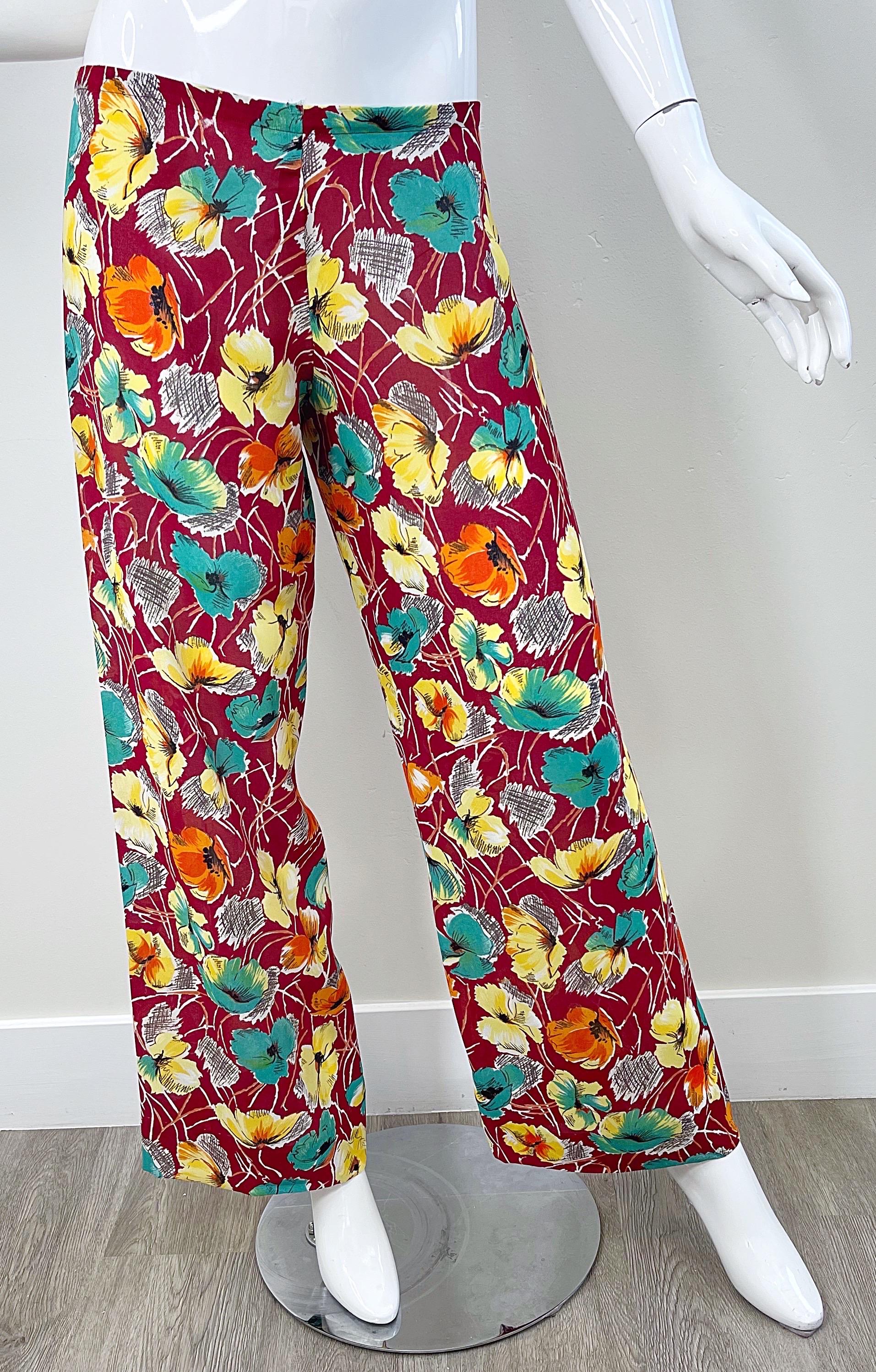 1970s Halston For Study Design Flower Silk Crepe Vintage 70s Tunic + Trousers For Sale 5