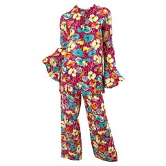 1970s Halston For Study Design Flower Silk Crepe Vintage 70s Tunic + Trousers