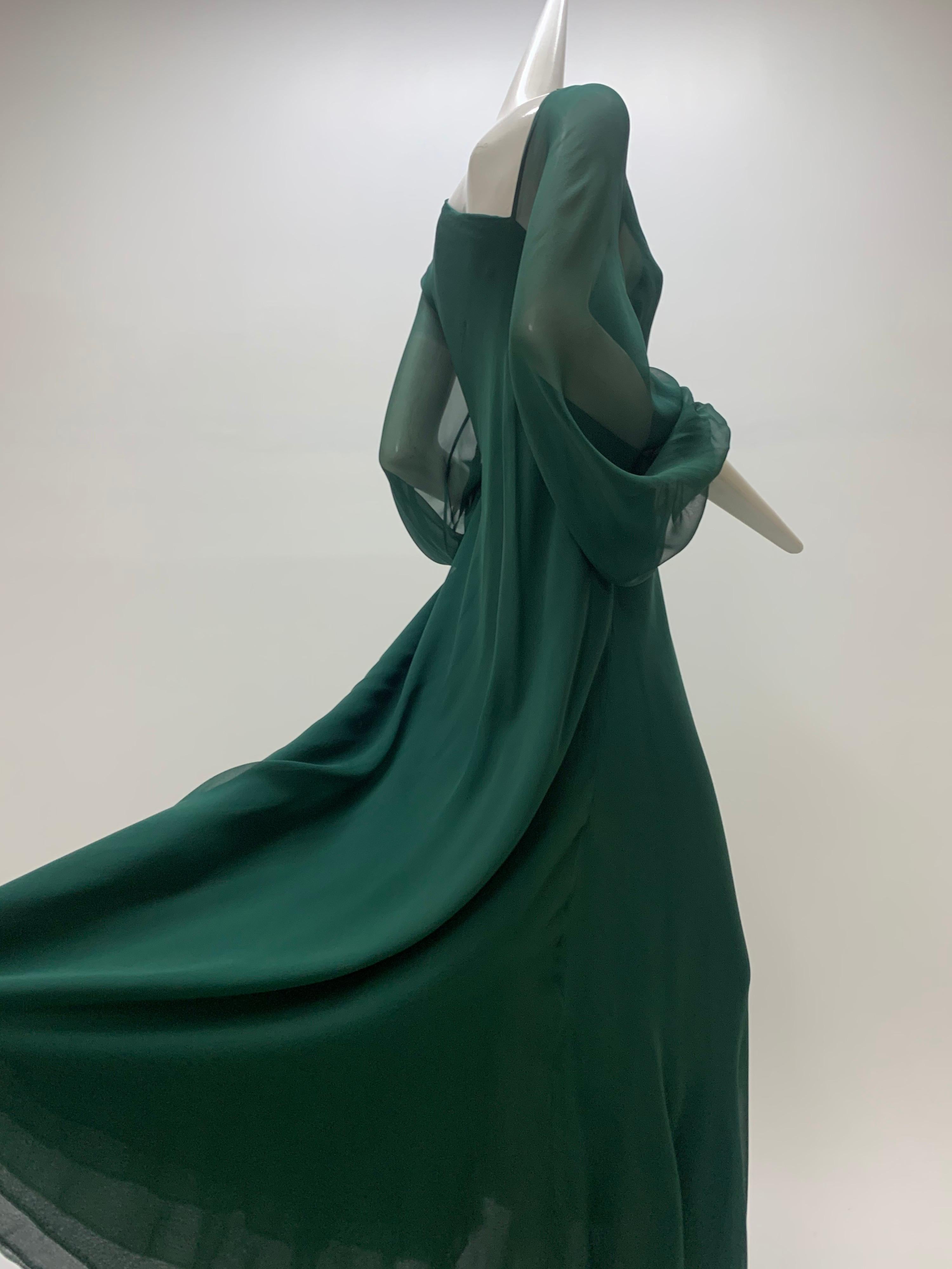 1970s Halston Forest Green Silk Chiffon Layered Bias Cut Asymmetrical Maxi Dress For Sale 2