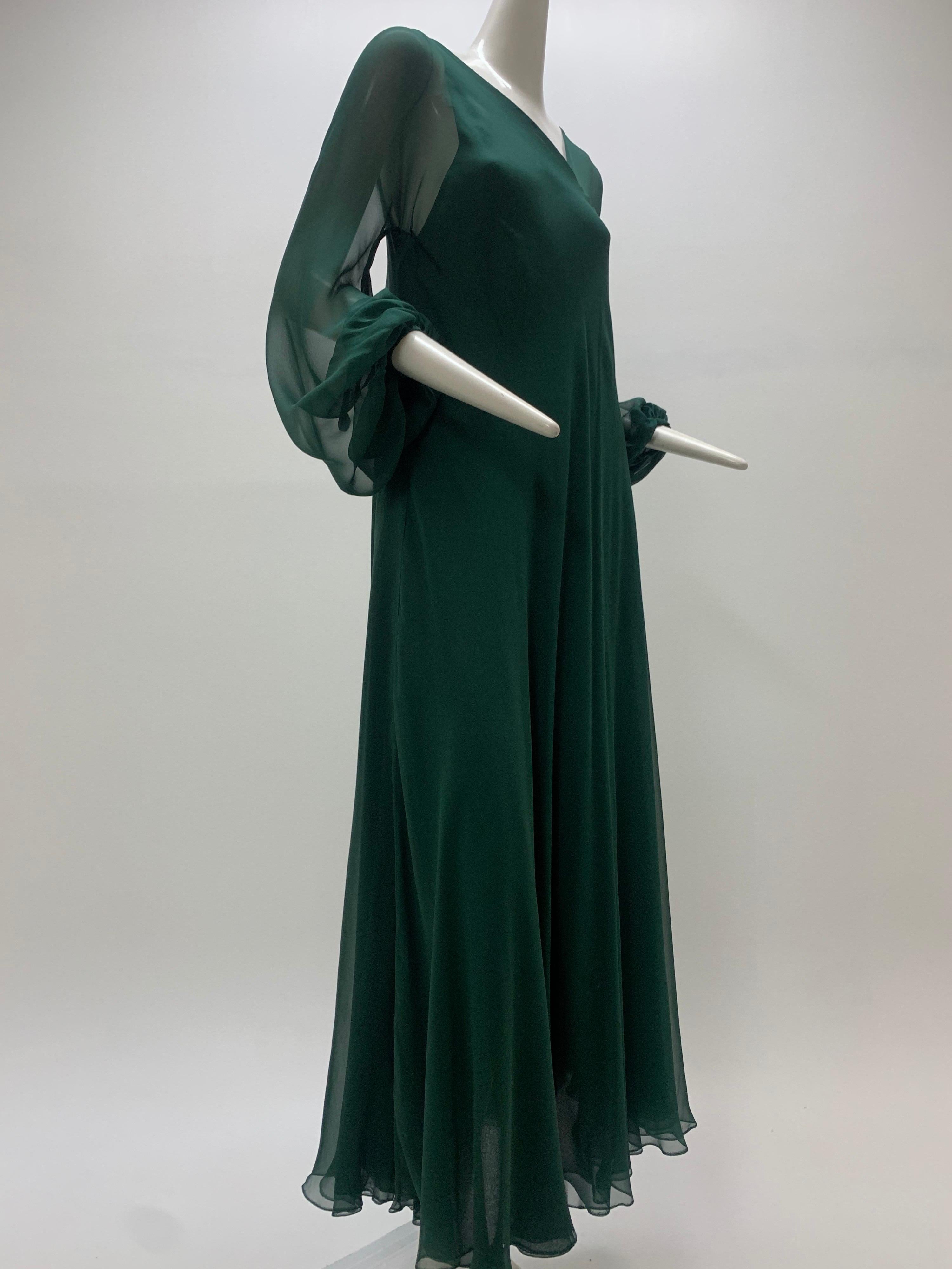 1970s Halston Forest Green Silk Chiffon Layered Bias Cut Asymmetrical Maxi Dress For Sale 3