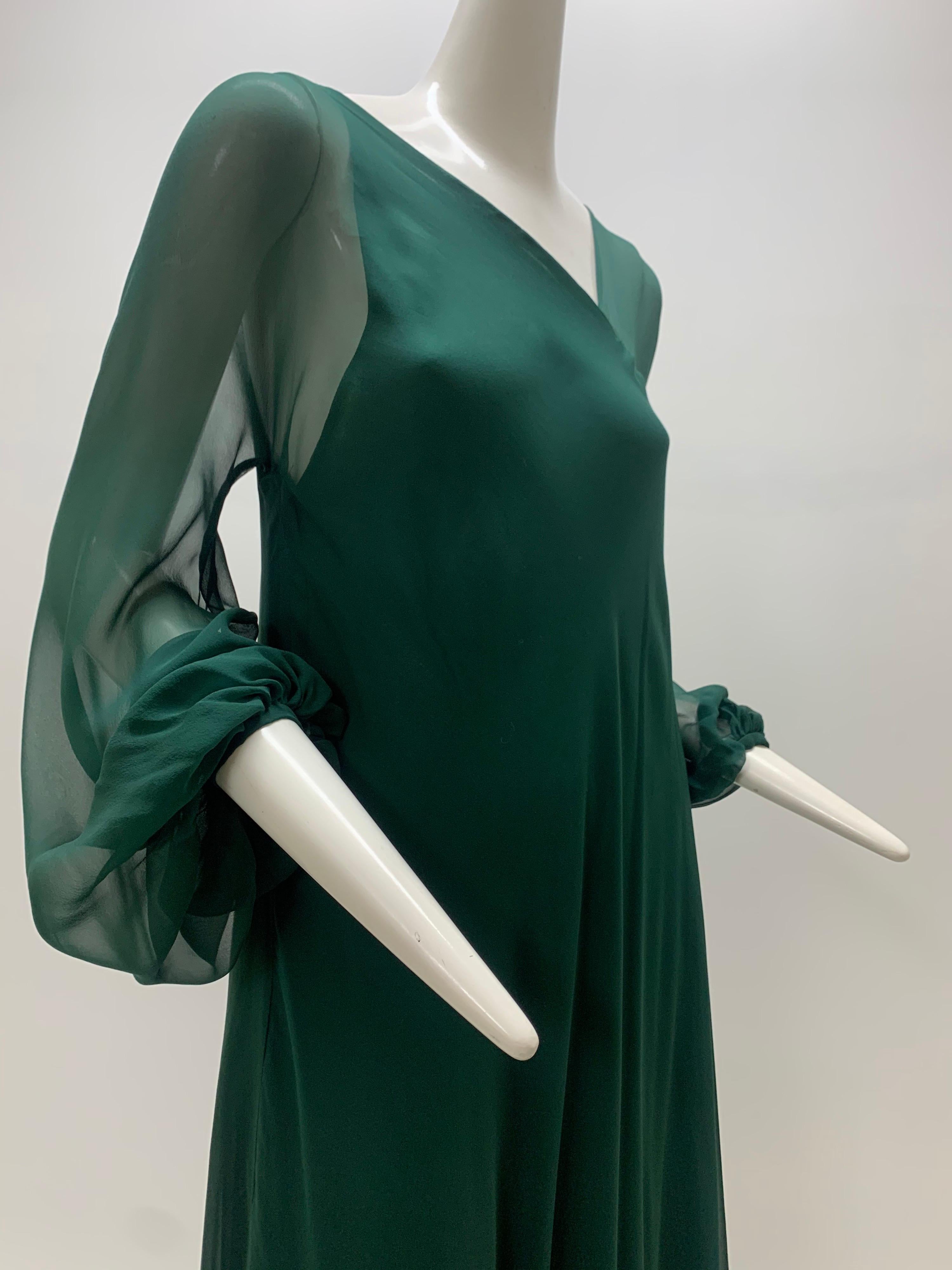 1970s Halston Forest Green Silk Chiffon Layered Bias Cut Asymmetrical Maxi Dress For Sale 4
