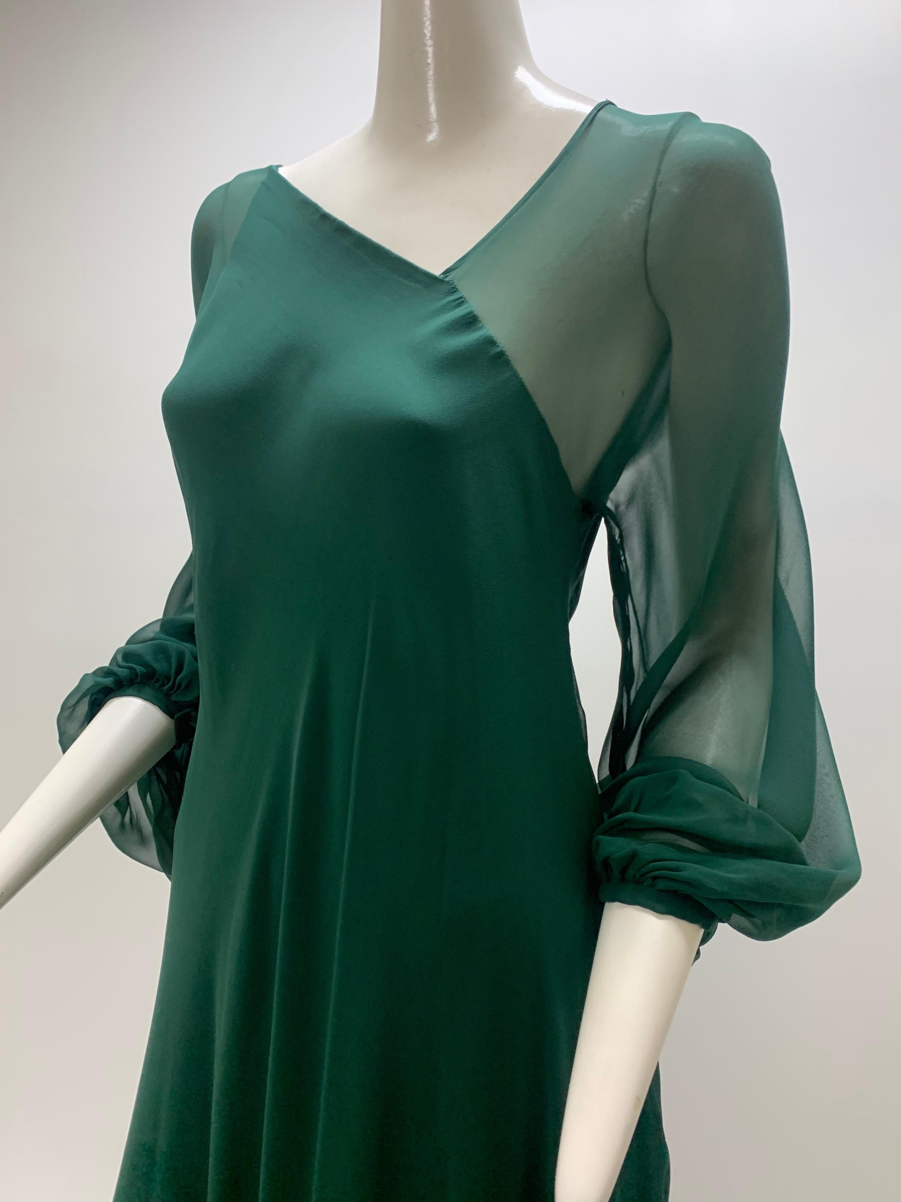 1970s Halston Forest Green Silk Chiffon Layered Bias Cut Asymmetrical Maxi Dress For Sale 5
