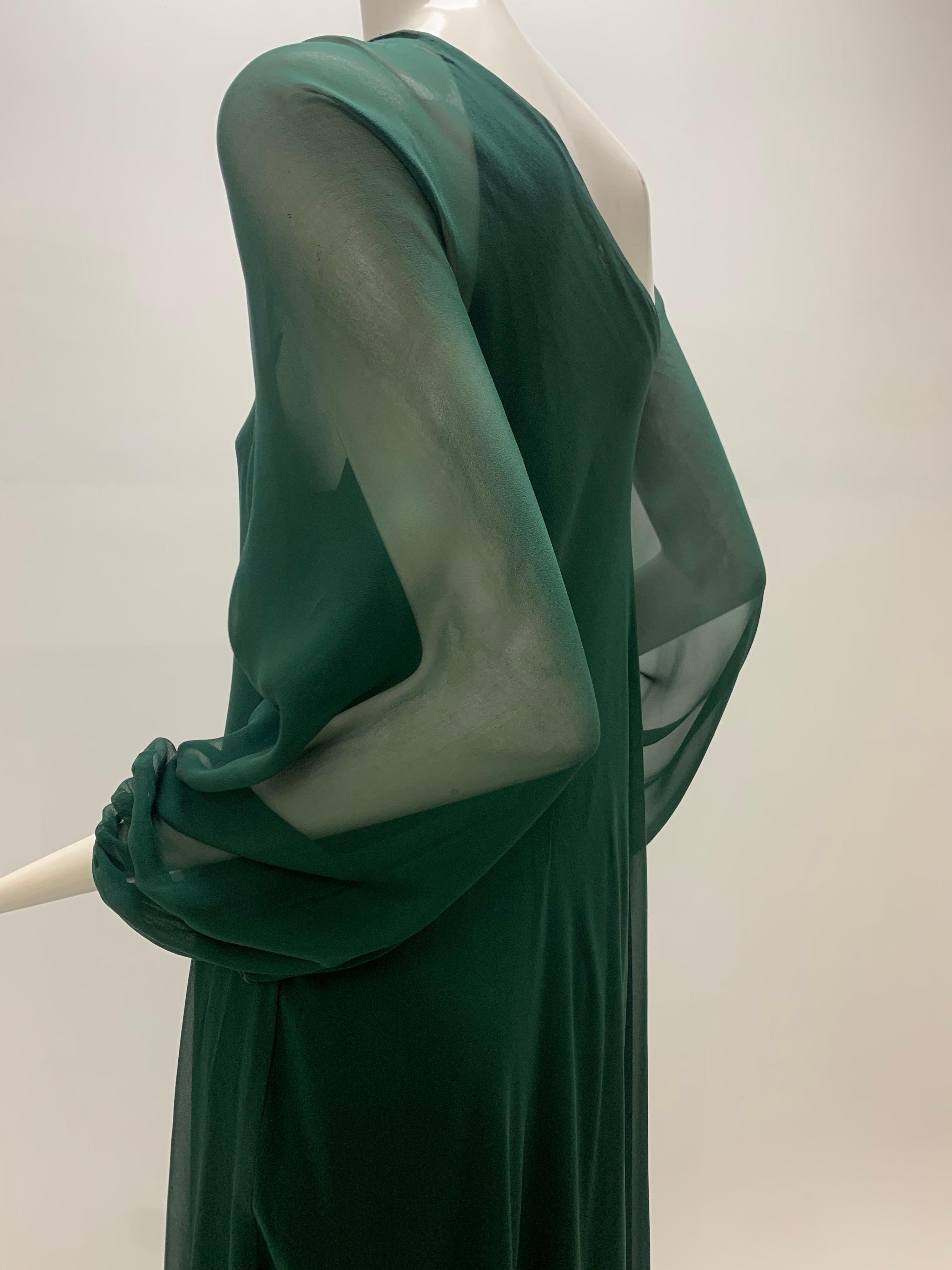 1970s Halston Forest Green Silk Chiffon Layered Bias Cut Asymmetrical Maxi Dress For Sale 6