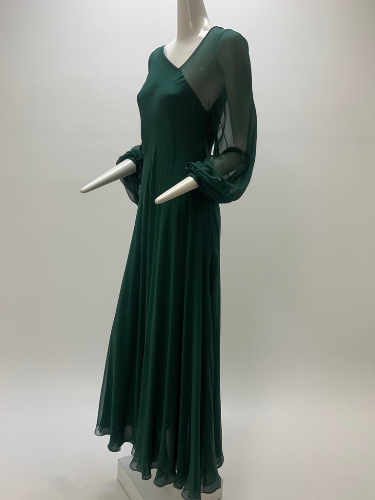 1970s Halston Forest Green Silk Chiffon Layered Bias Cut Asymmetrical Maxi Dress 1970s Halston Forest Green Silk Chiffon Layered Bias Cut Asymmetrical Maxi Dress
