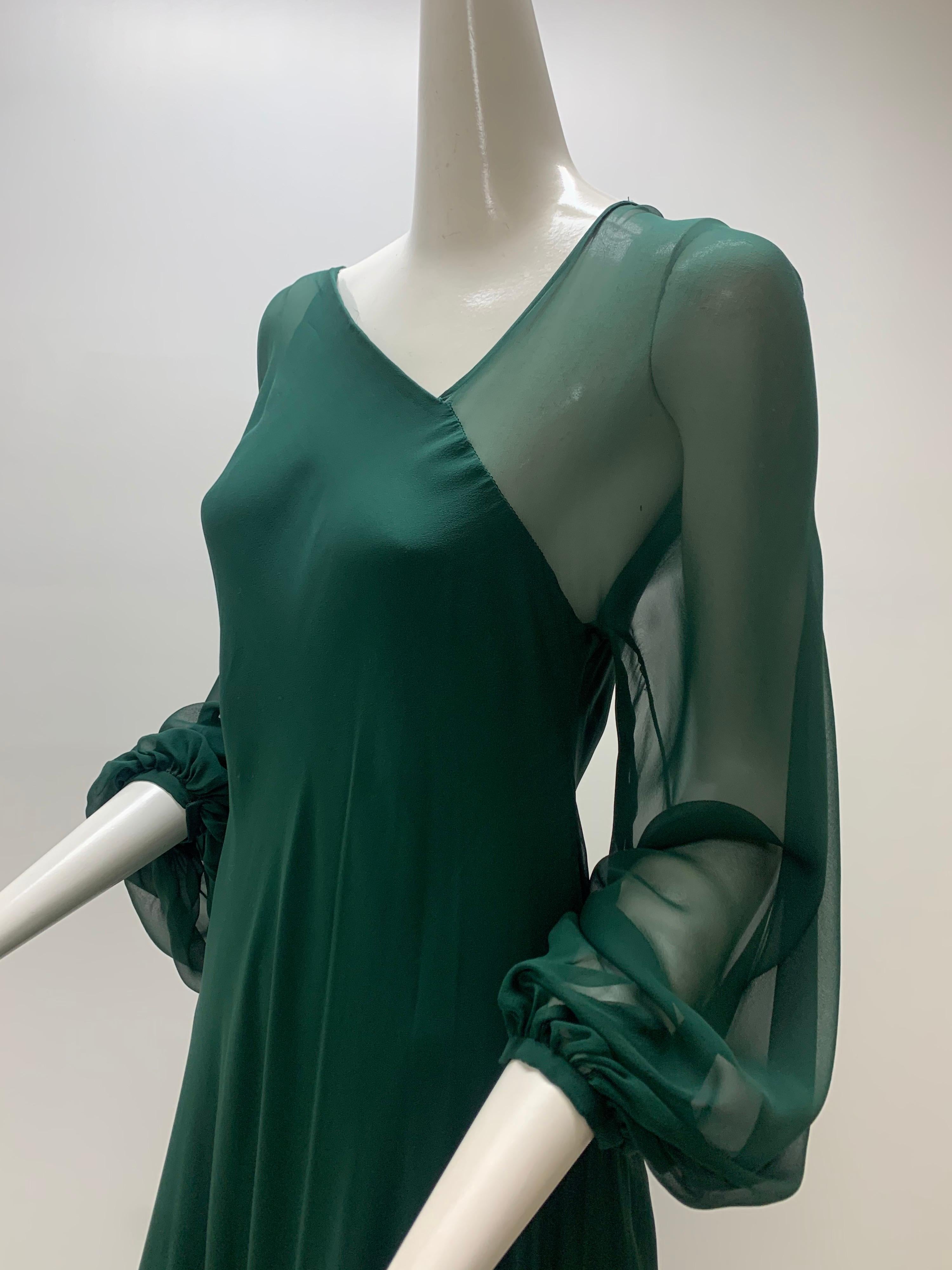 Black 1970s Halston Forest Green Silk Chiffon Layered Bias Cut Asymmetrical Maxi Dress For Sale