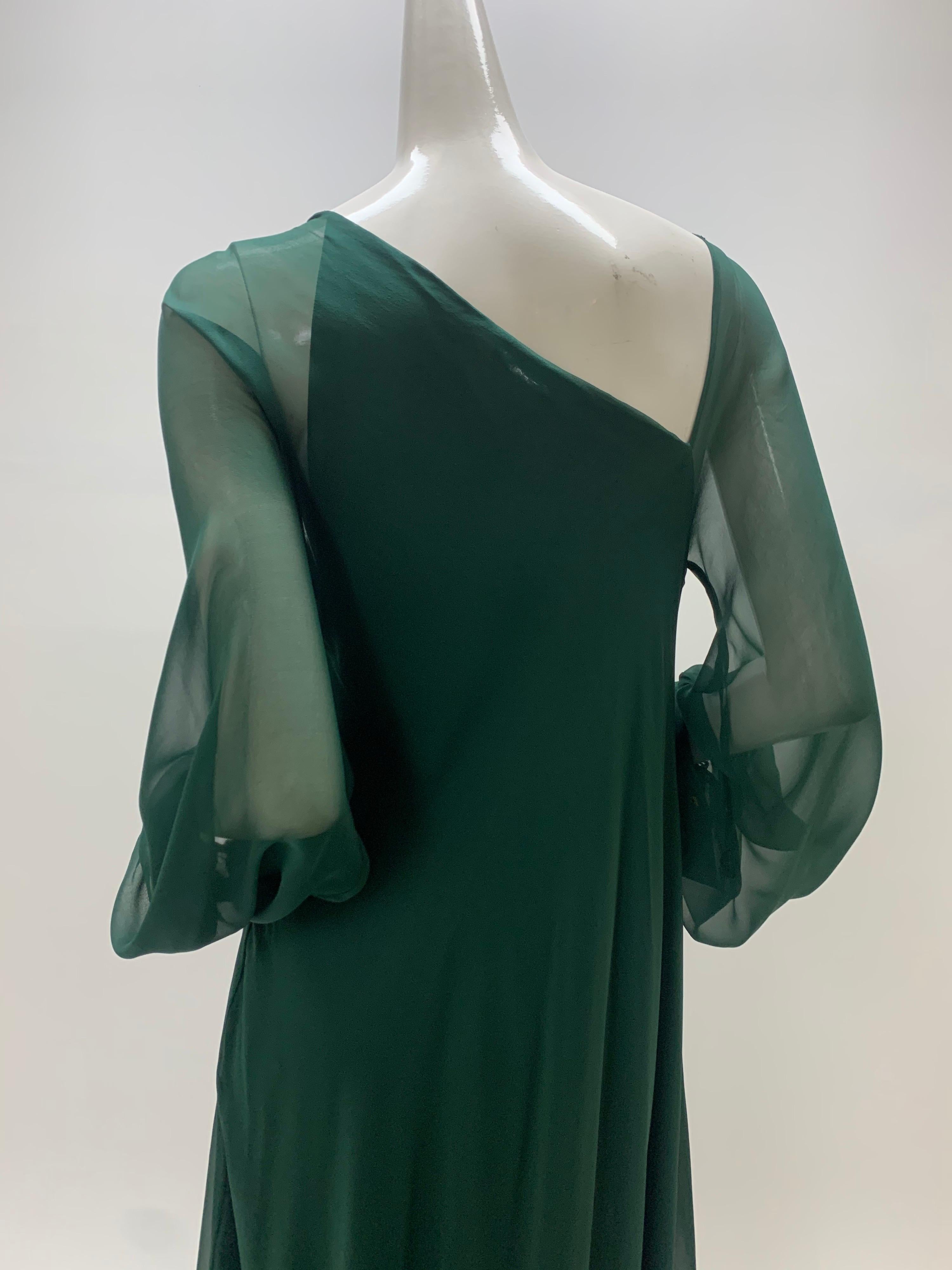 1970s Halston Forest Green Silk Chiffon Layered Bias Cut Asymmetrical Maxi Dress In Excellent Condition For Sale In Gresham, OR