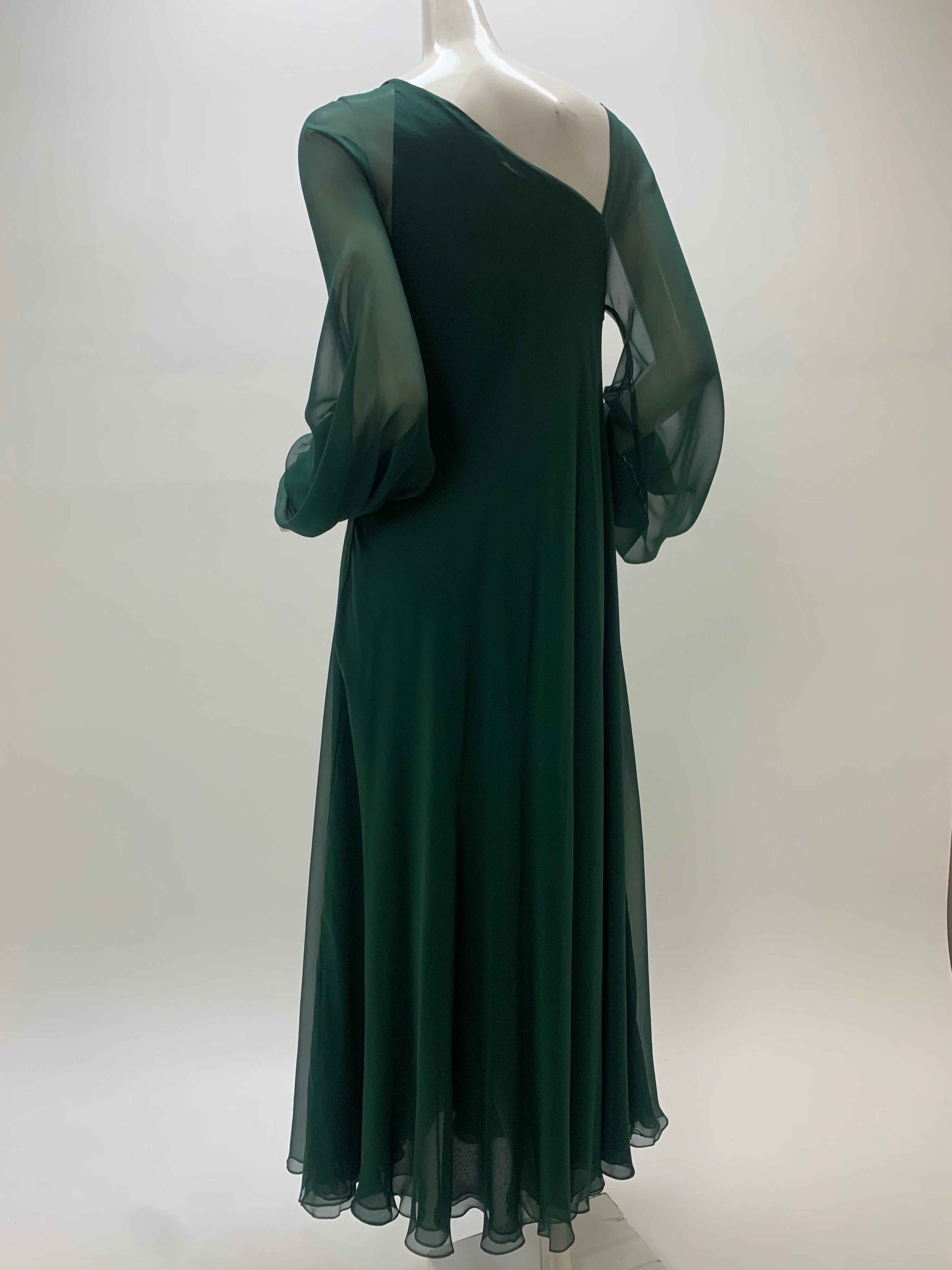 Women's 1970s Halston Forest Green Silk Chiffon Layered Bias Cut Asymmetrical Maxi Dress For Sale