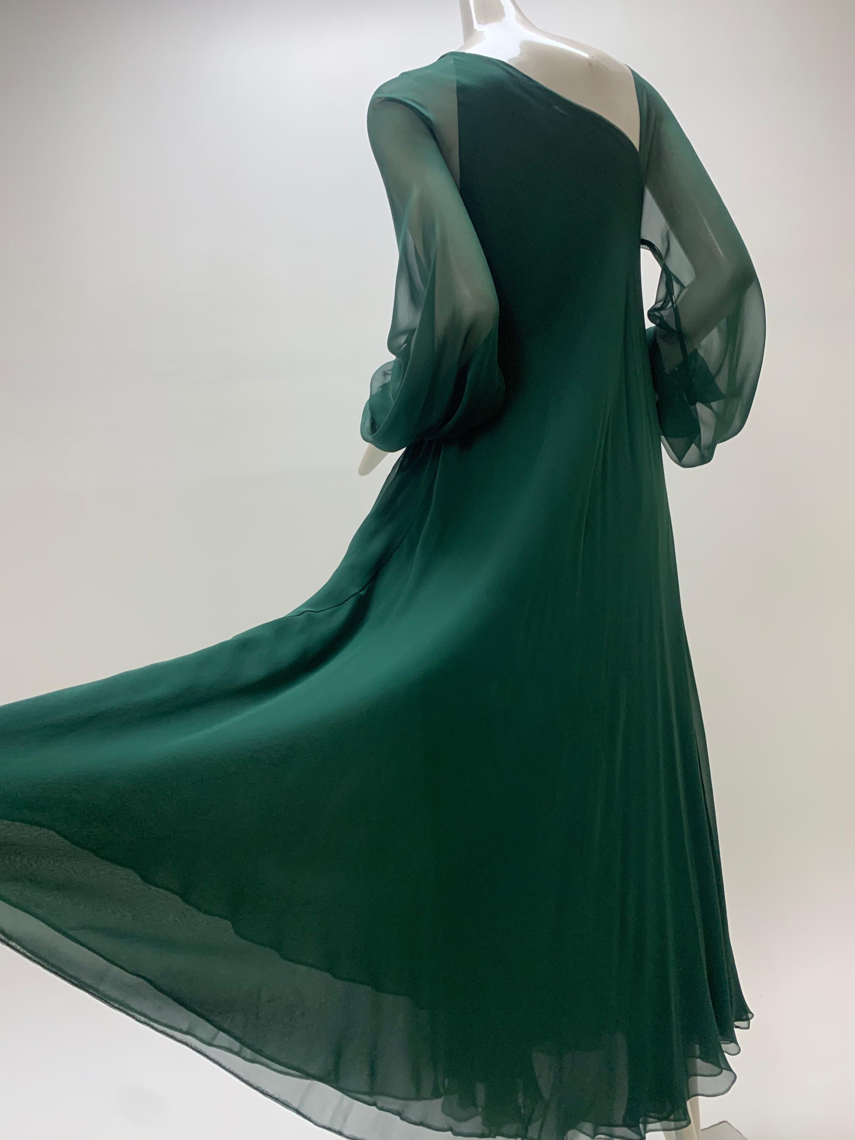 1970s Halston Forest Green Silk Chiffon Layered Bias Cut Asymmetrical Maxi Dress For Sale 1