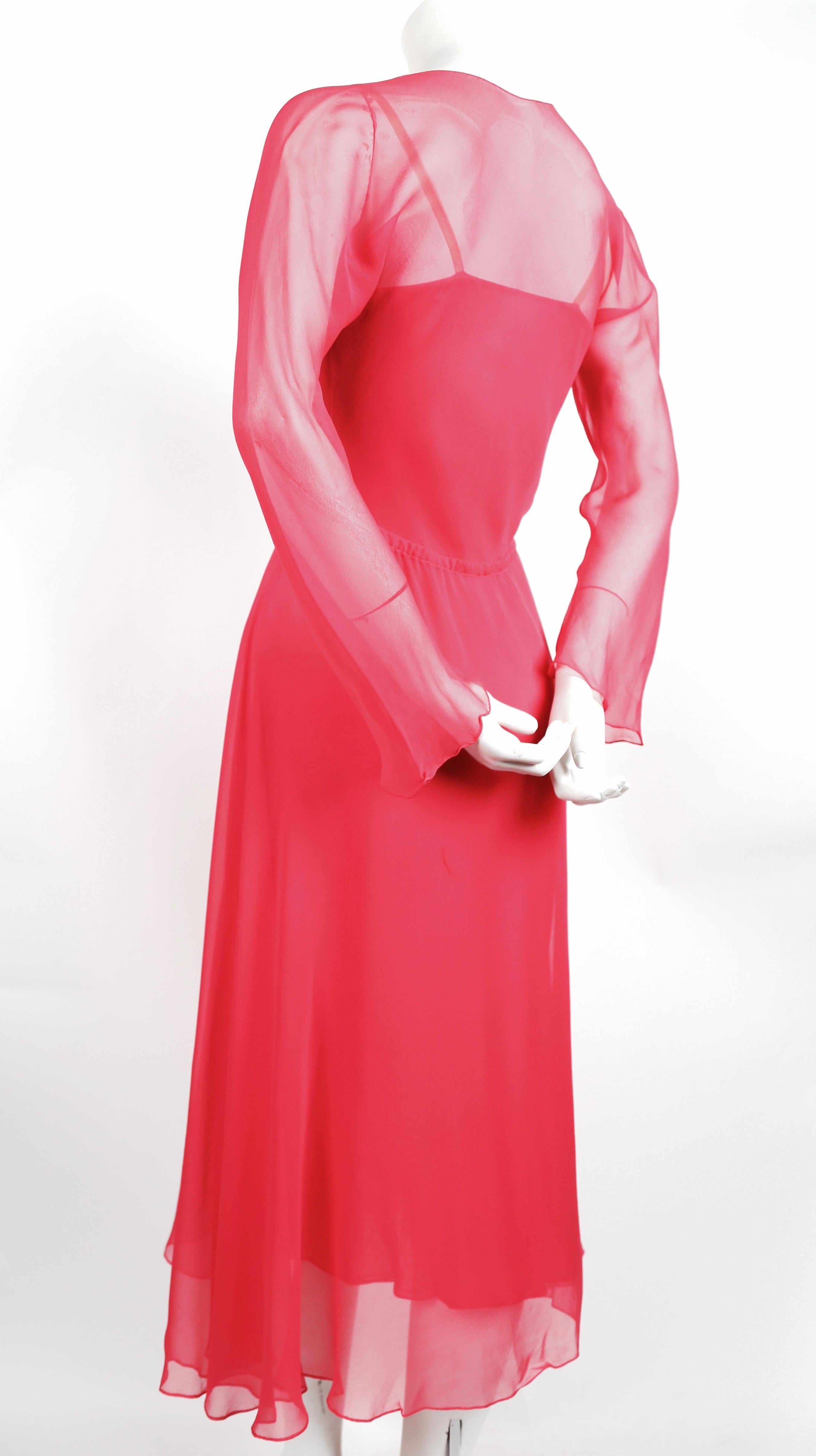Red 1970's HALSTON fuchsia silk mousseline bias cut dress with overlay