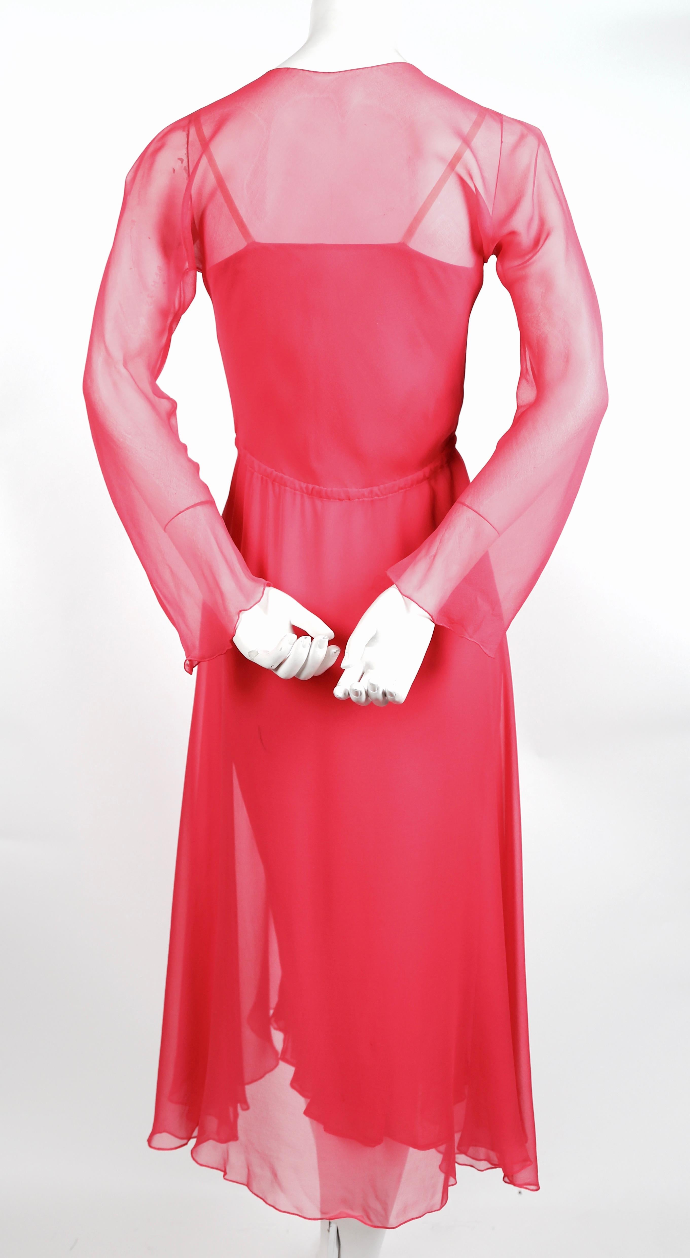 1970's HALSTON fuchsia silk mousseline bias cut dress with overlay In Good Condition In San Fransisco, CA