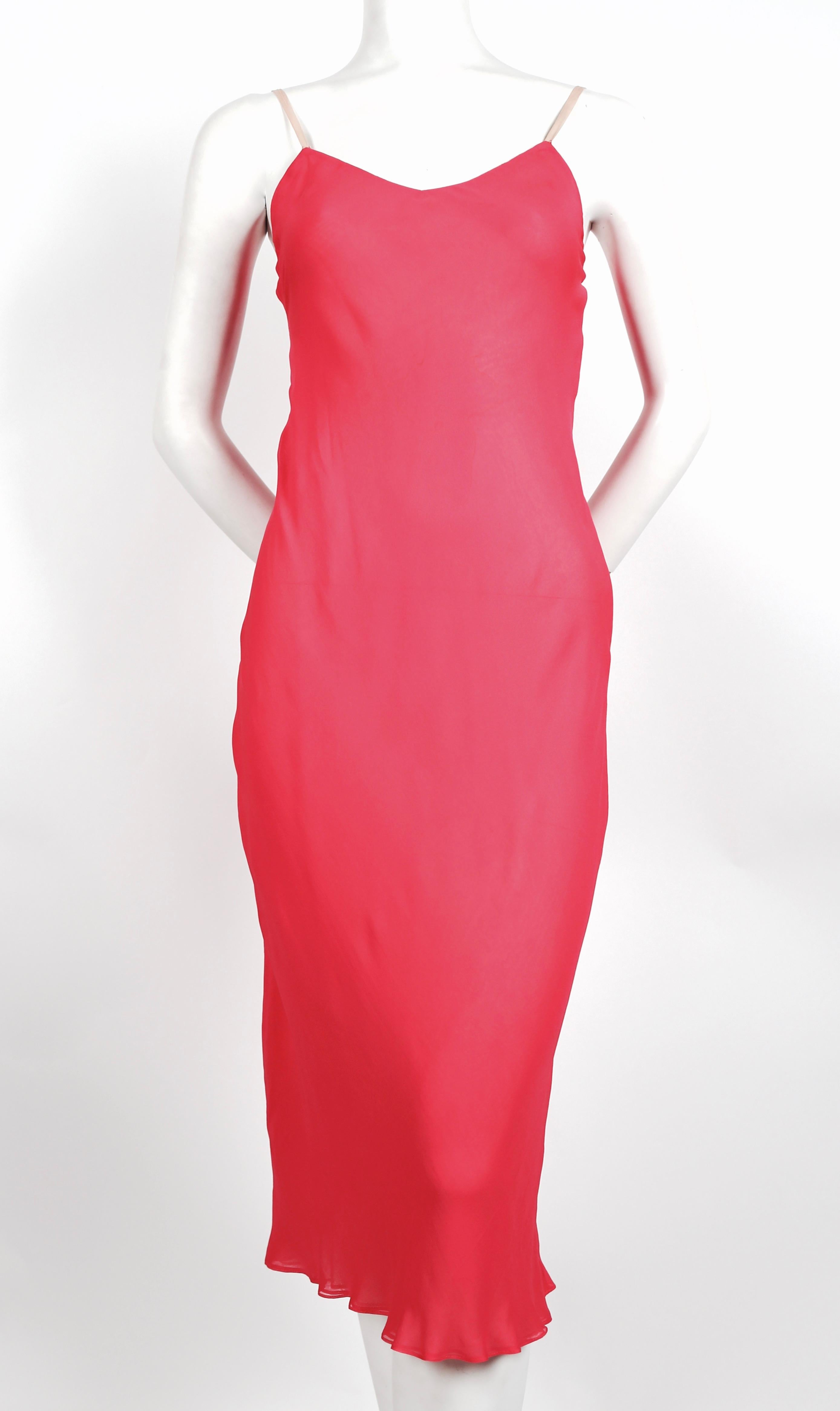 Women's or Men's 1970's HALSTON fuchsia silk mousseline bias cut dress with overlay