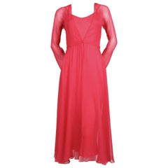 1970's HALSTON fuchsia silk mousseline bias cut dress with overlay