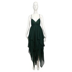 1970's HALSTON green silk bias cut handkerchief hem dress with wrap & scarf