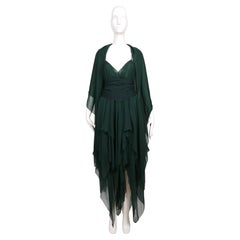 1970's HALSTON green silk bias cut handkerchief hem dress with wrap & scarf