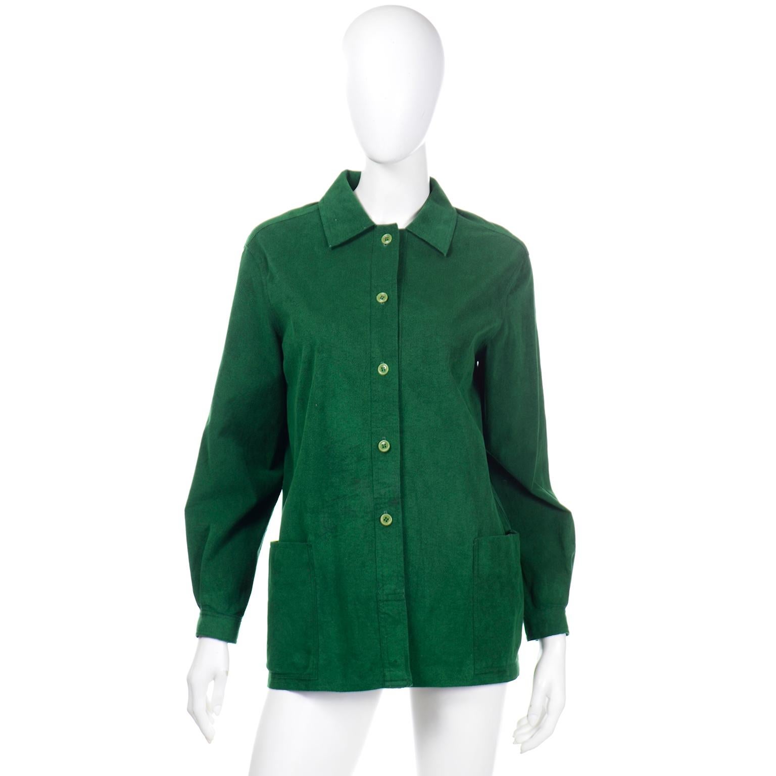This Halston 1970's rich deep grass green ultrasuede shirt is styled like a chore jacket with deep front patch pockets. You can wear this as a light jacket with a tee shirt underneath or as a top. Halston is the one of the first designers to