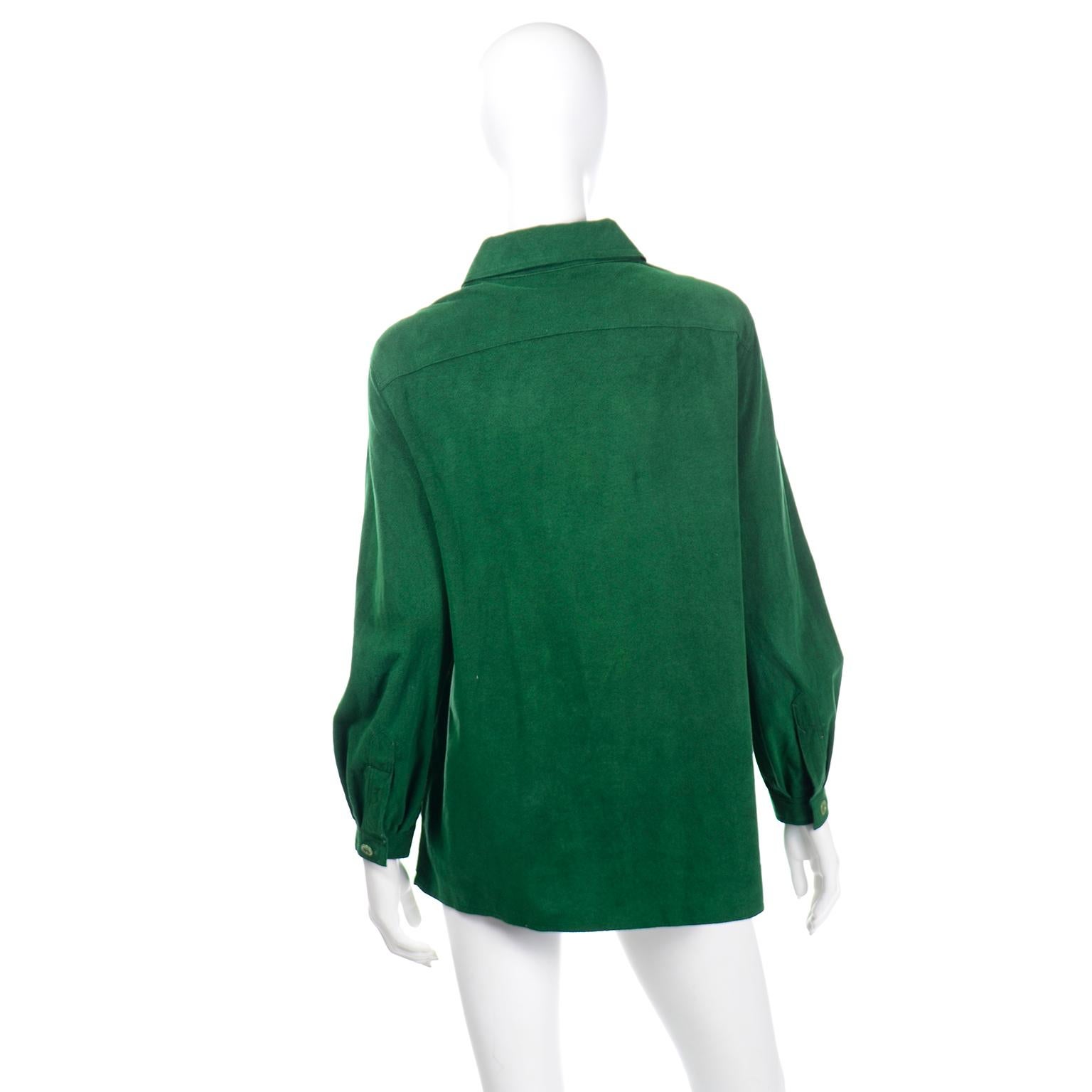 Women's 1970s Halston Green Ultrasuede Button Front Chore Jacket Style Shirt