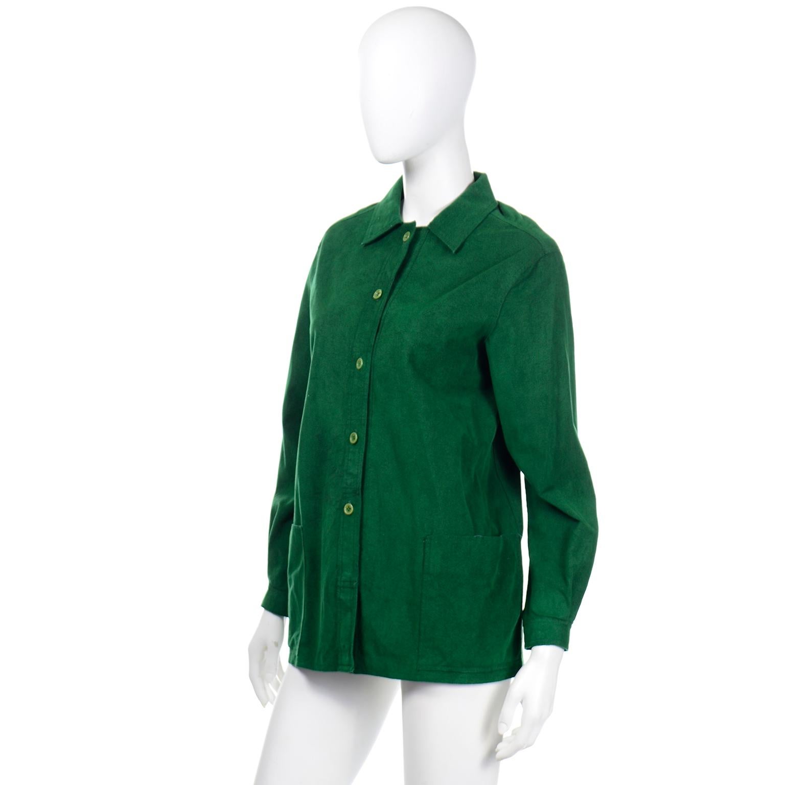 1970s Halston Green Ultrasuede Button Front Chore Jacket Style Shirt 1
