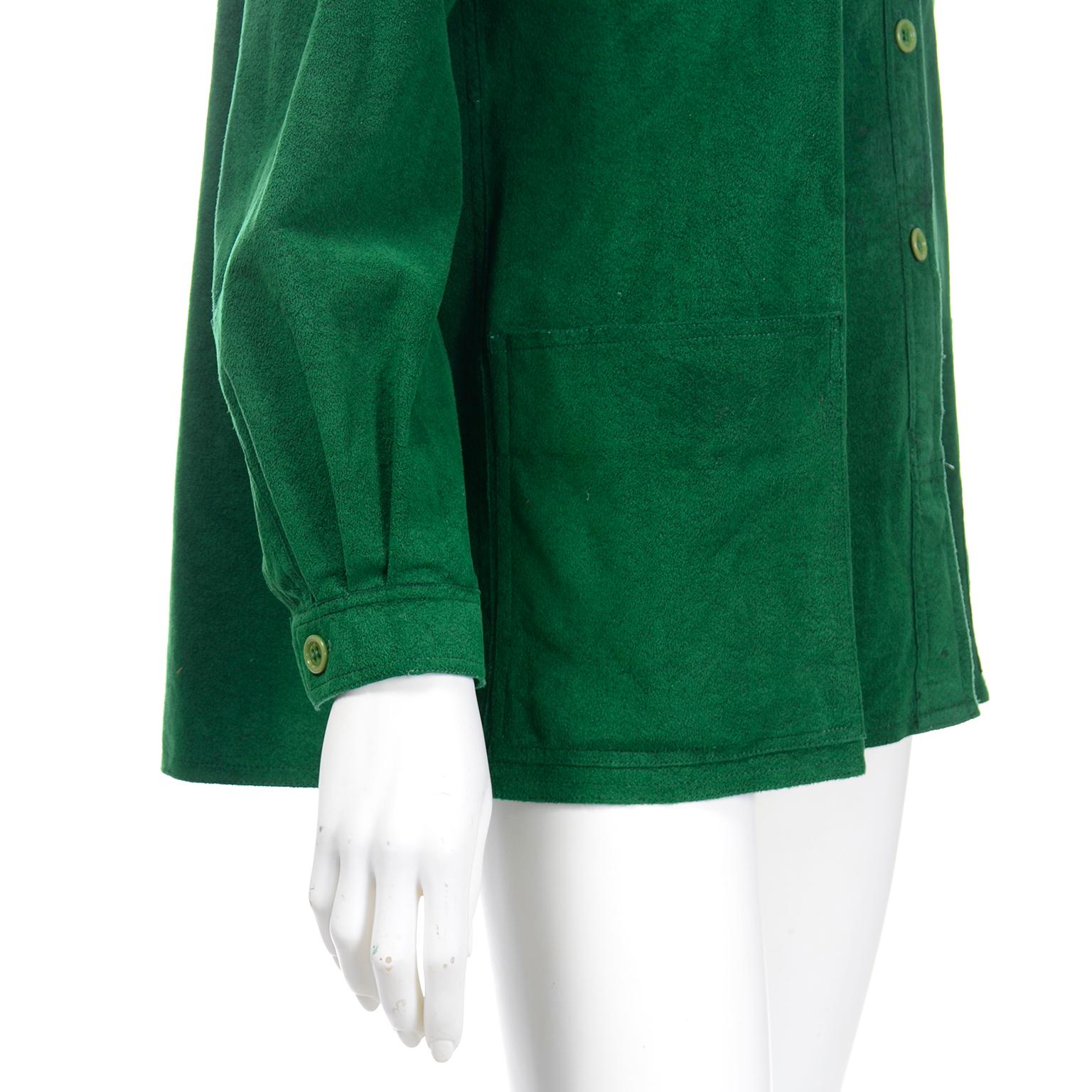 1970s Halston Green Ultrasuede Button Front Chore Jacket Style Shirt 2
