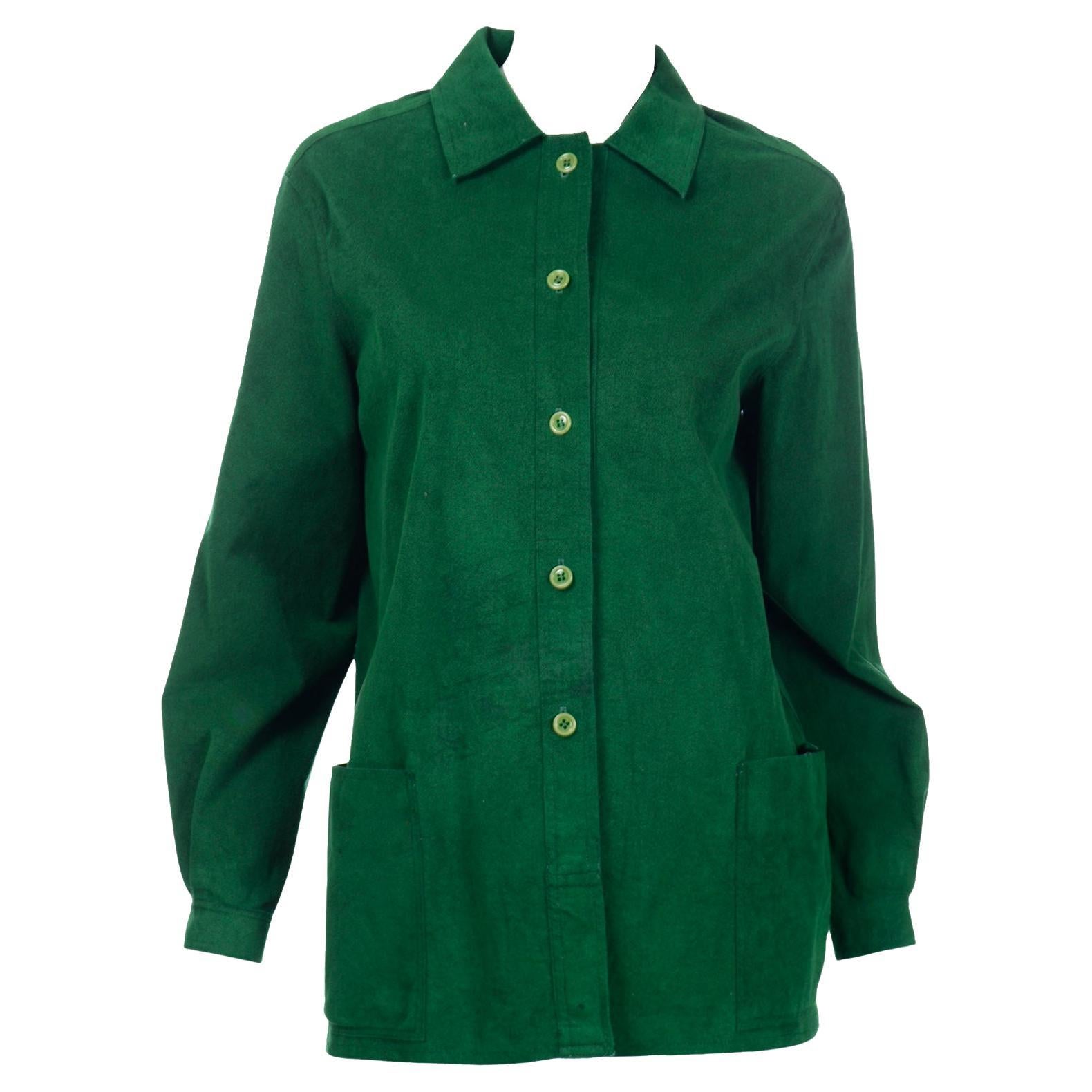 1970s Halston Green Ultrasuede Button Front Chore Jacket Style Shirt