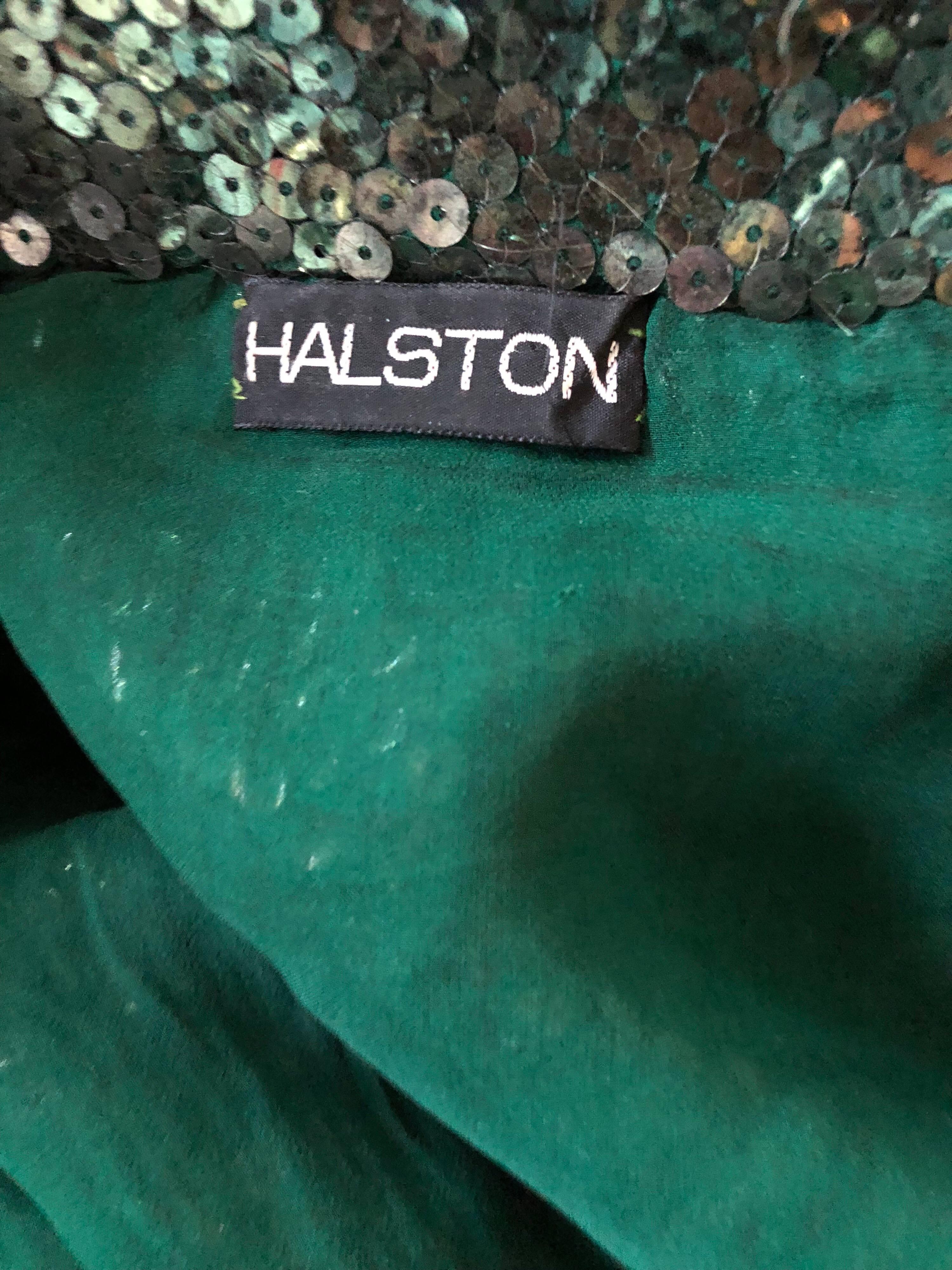 1970s Halston Hunter Forest Green Silk Chiffon Sequined Belted Vintage 70s Gown 4