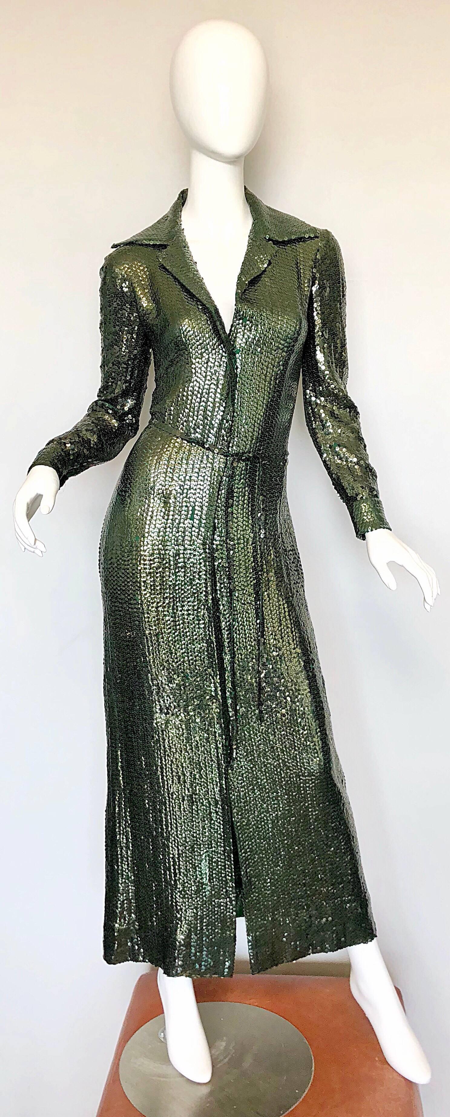 Stunning 1970s HALSTON hunter / forest green silk chiffon belted full length evening dress! Features thousands of 
hand-sewn hunter green sequins throughout. Detachable sequin belt simply ties in the front. Hidden snaps up the front and at each