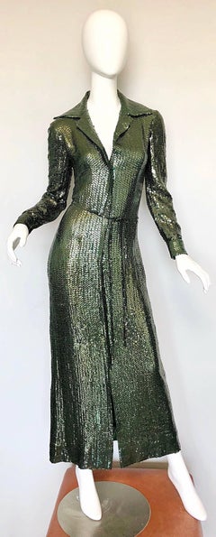 1970s Halston Hunter Forest Green Silk Chiffon Sequined Belted Vintage 70s Gown