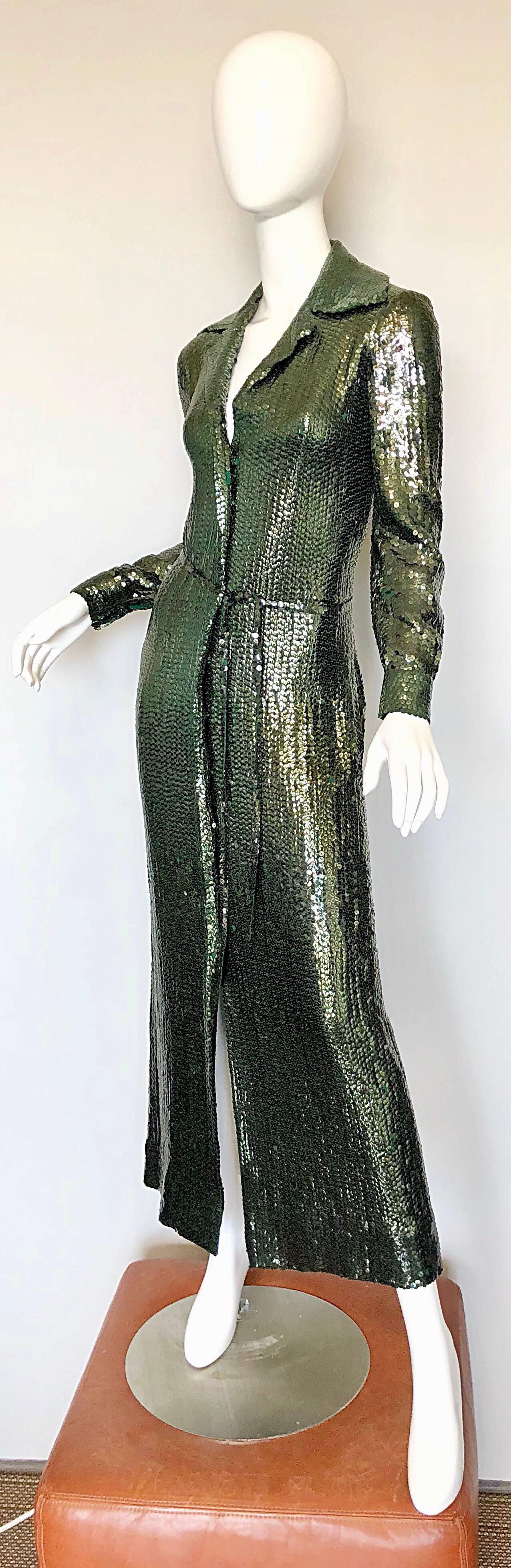 Black 1970s Halston Hunter Forest Green Silk Chiffon Sequined Belted Vintage 70s Gown