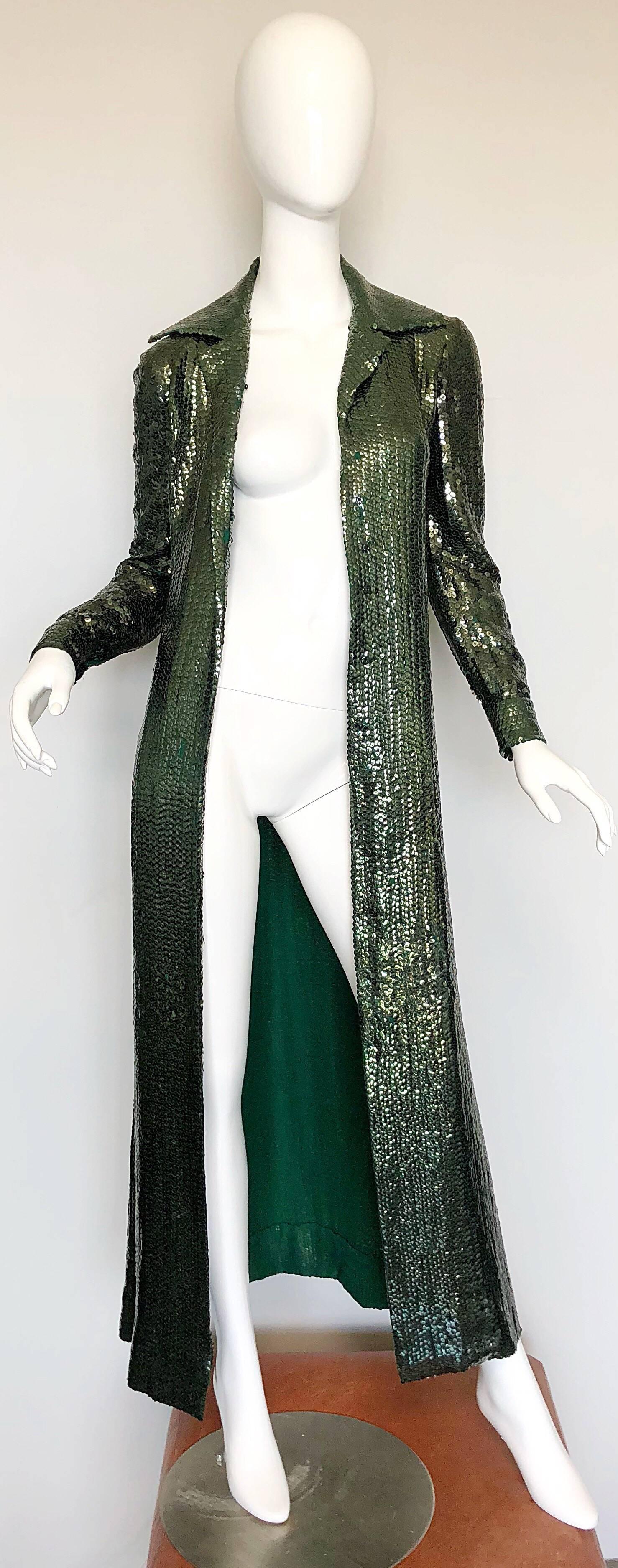 1970s Halston Hunter Forest Green Silk Chiffon Sequined Belted Vintage 70s Gown In Excellent Condition In San Diego, CA