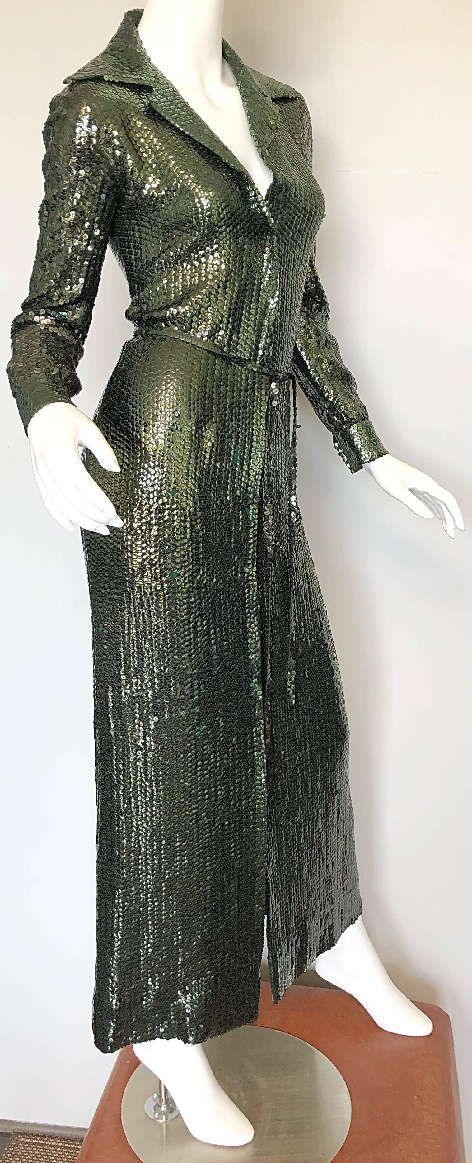 Women's 1970s Halston Hunter Forest Green Silk Chiffon Sequined Belted Vintage 70s Gown