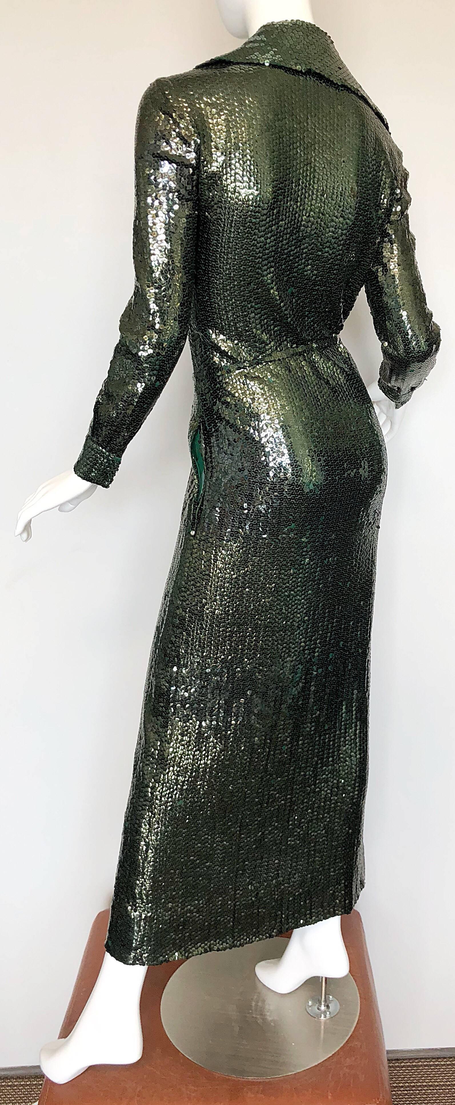 1970s Halston Hunter Forest Green Silk Chiffon Sequined Belted Vintage 70s Gown 1