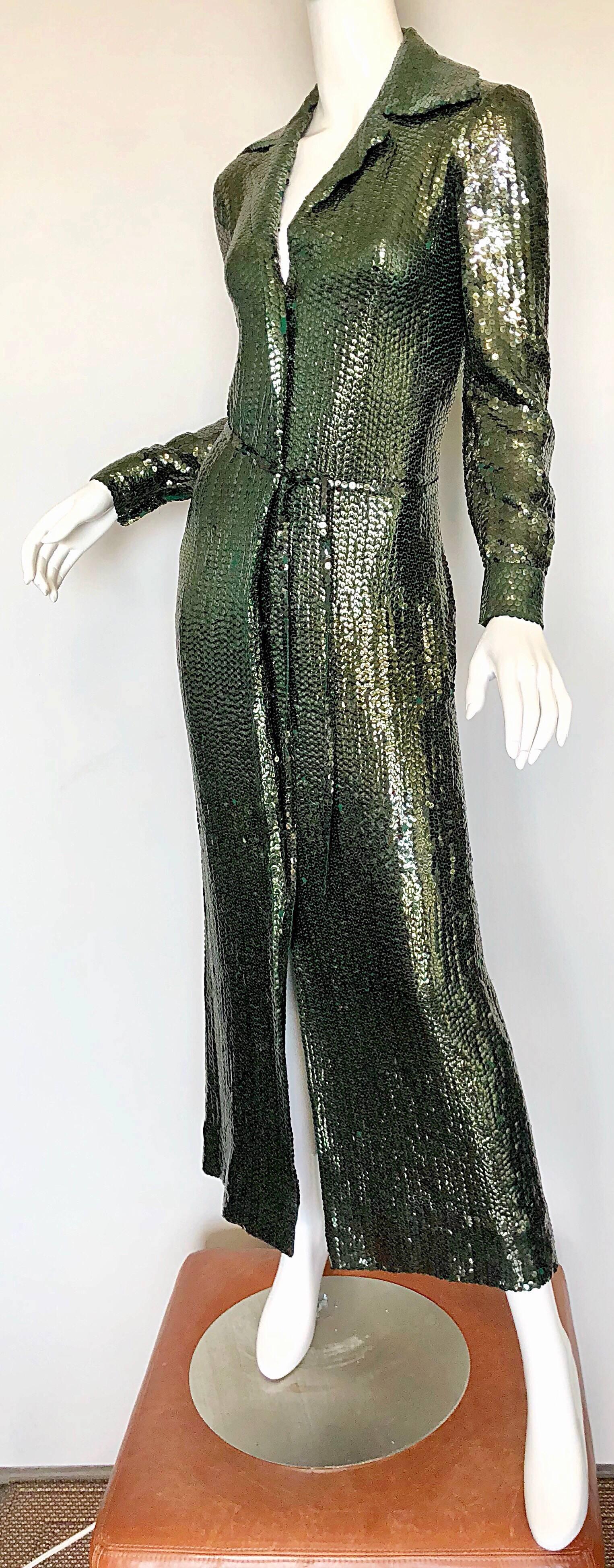 1970s Halston Hunter Forest Green Silk Chiffon Sequined Belted Vintage 70s Gown 2