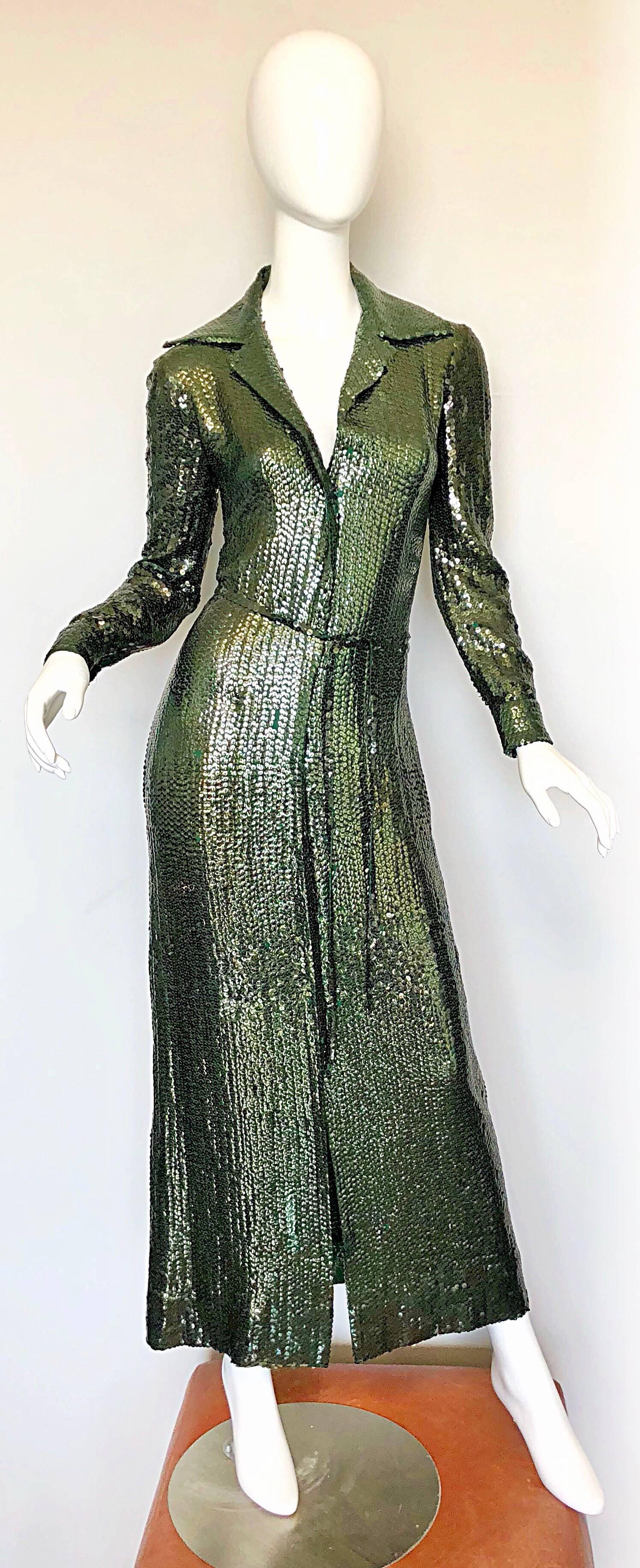 1970s Halston Hunter Forest Green Silk Chiffon Sequined Belted Vintage 70s Gown 3