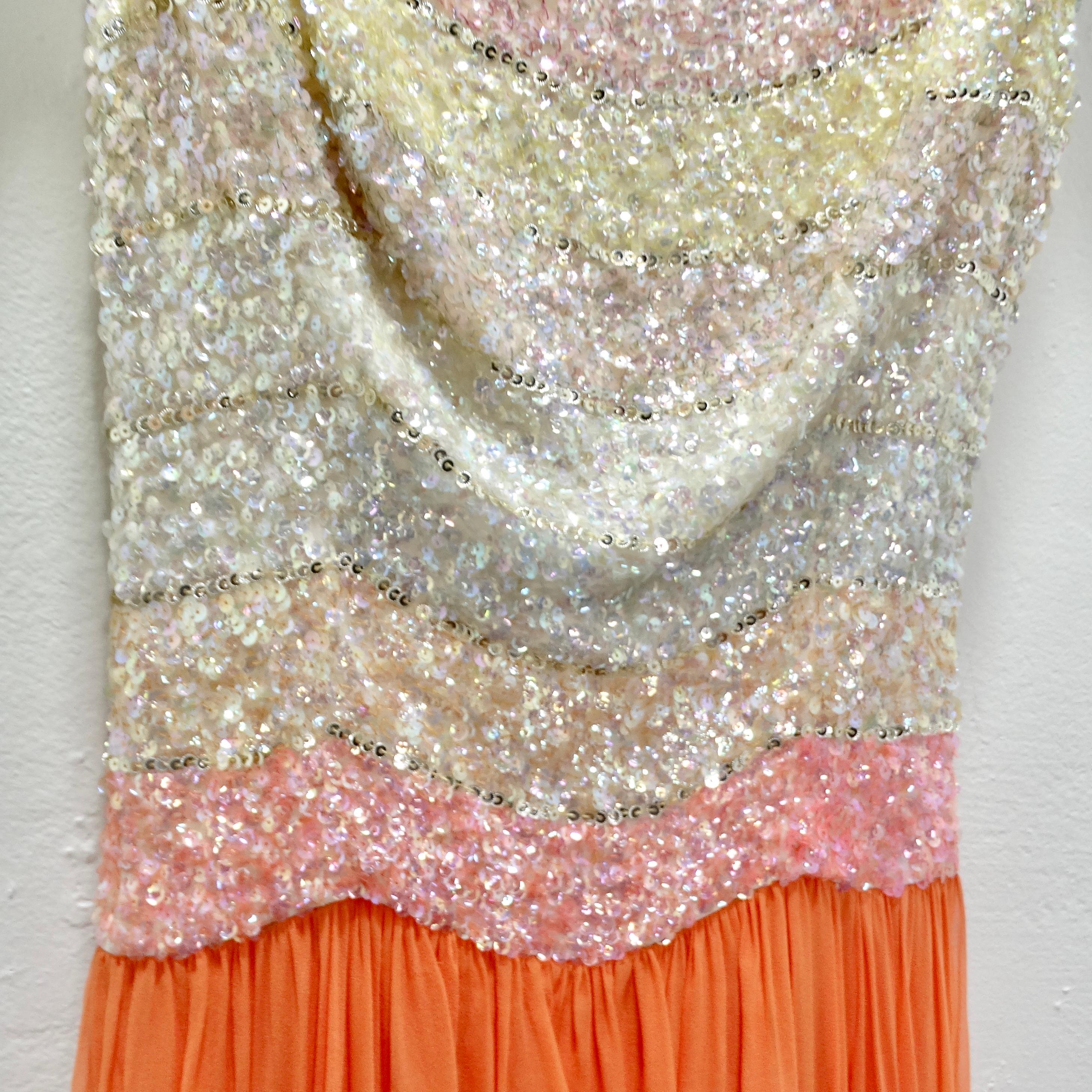 Orange 1970s Halston Inspired Multicolor Sequin Gown For Sale