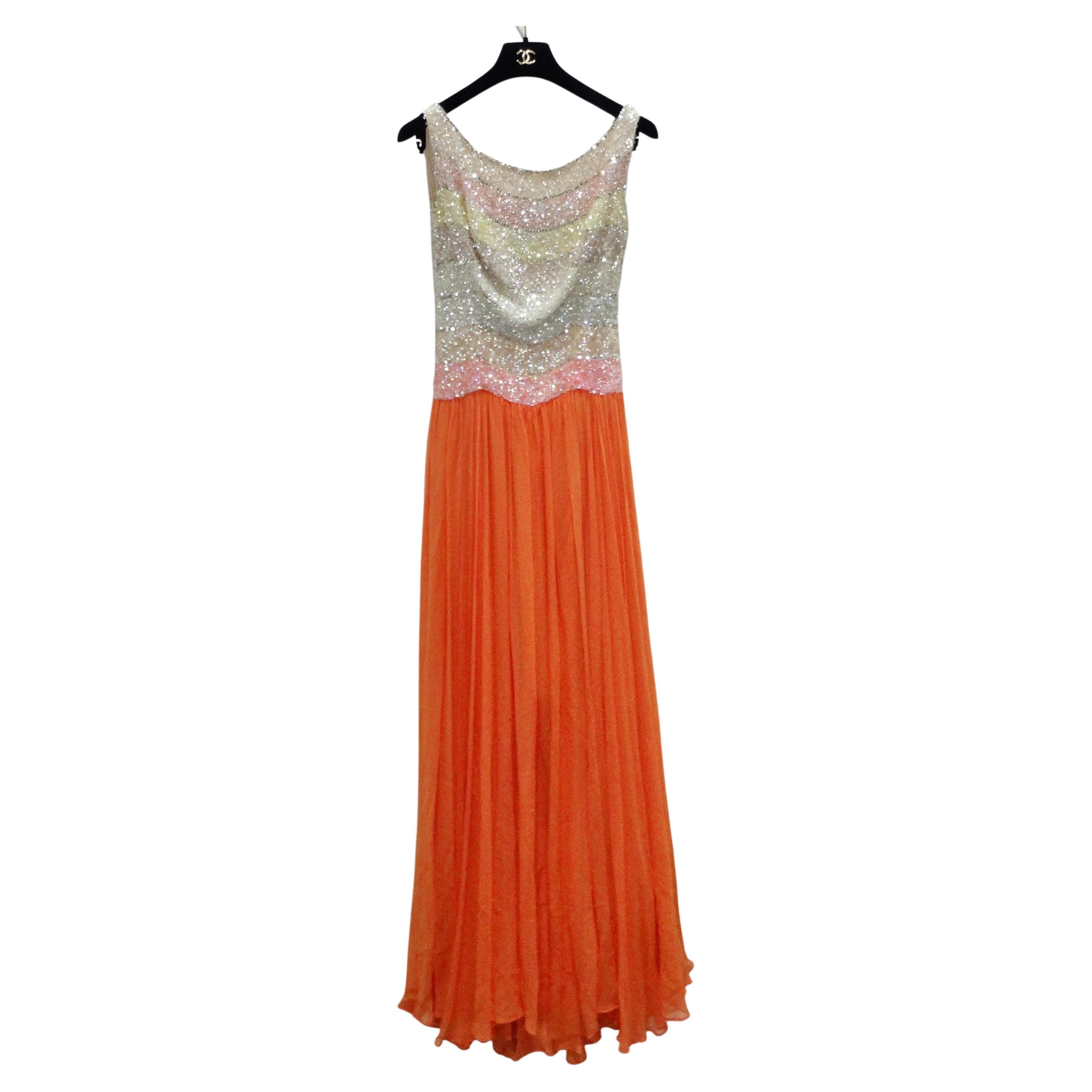 1970s Halston Inspired Multicolor Sequin Gown For Sale